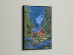 A framed forest cabin artwork with a black frame is displayed. The artwork features a cozy mountain lodge nestled among pine trees and blue flowers. This rustic woodland cottage art brings nature indoors. The black frame creates a bold and striking contrast enhancing the artwork.