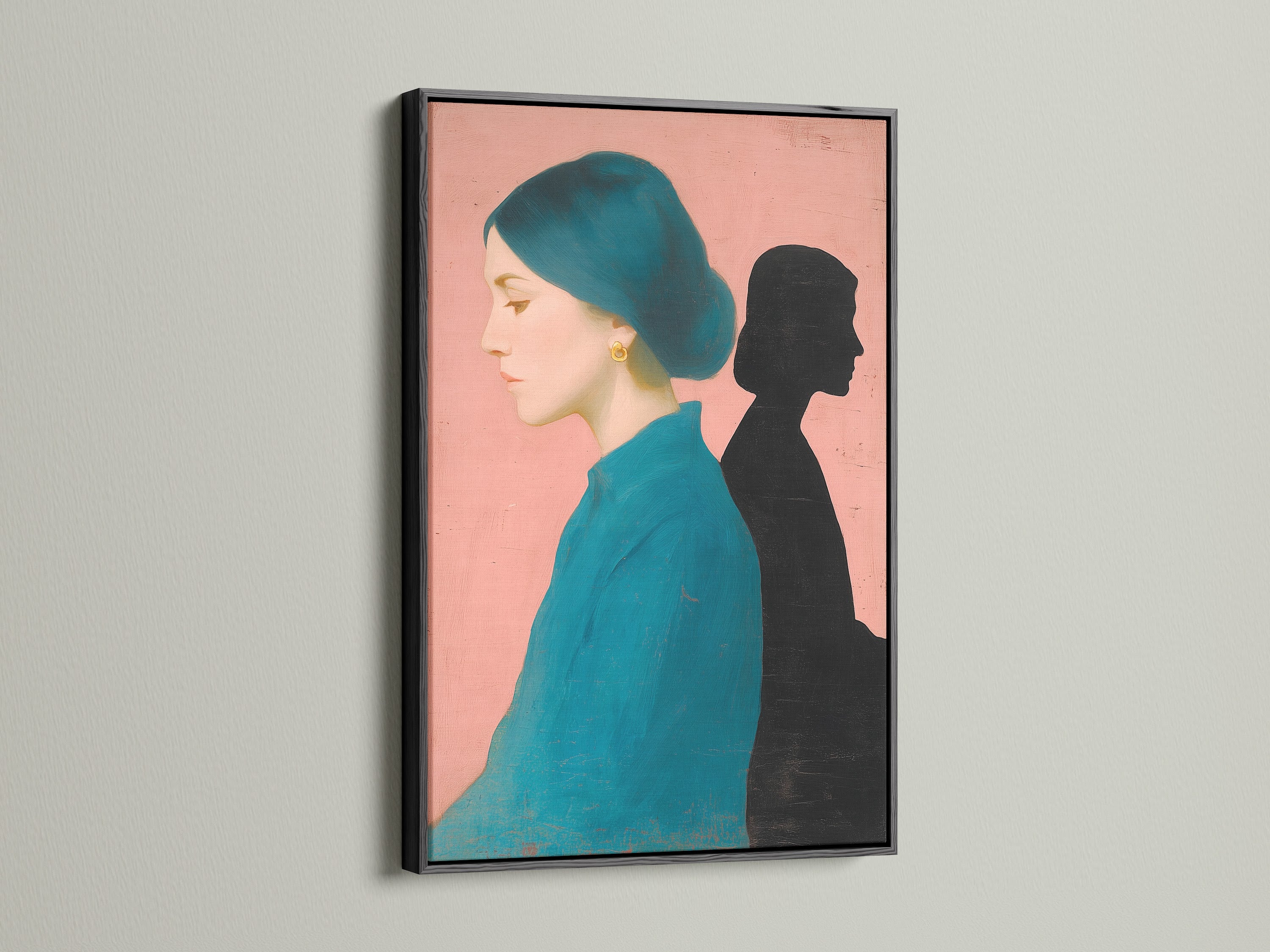 A black frame highlights a compelling artwork. The artwork has a woman with teal hair and shirt. The background is pink and she has a shadow. The black frame adds a touch of sophistication. It is a timeless choice.