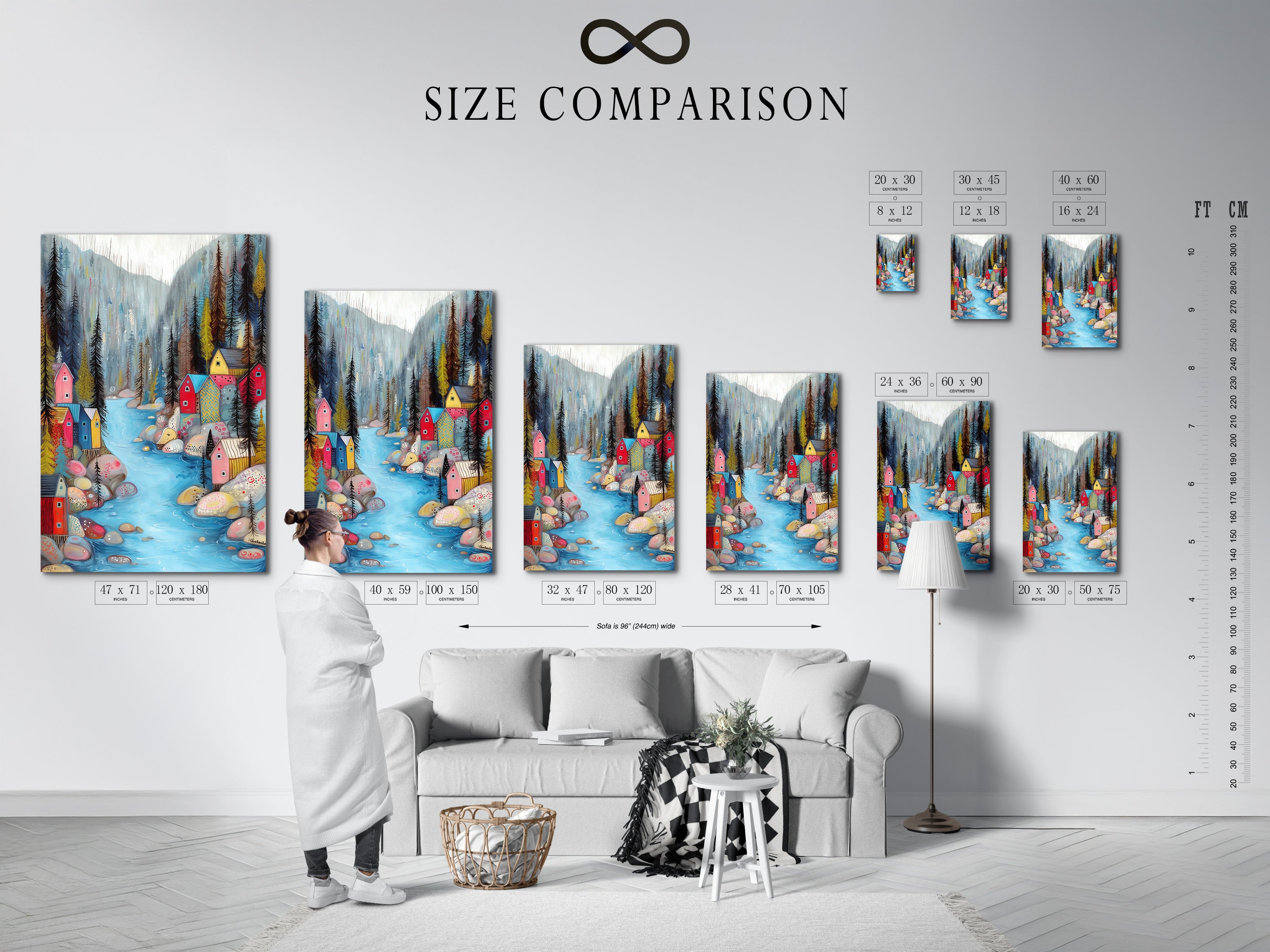 A size comparison chart in an interior setting. It shows the Village River artwork in various sizes. Visualize the perfect size for your space. This chart helps you choose the ideal artwork dimensions. It ensures a perfect fit for your home decor needs.