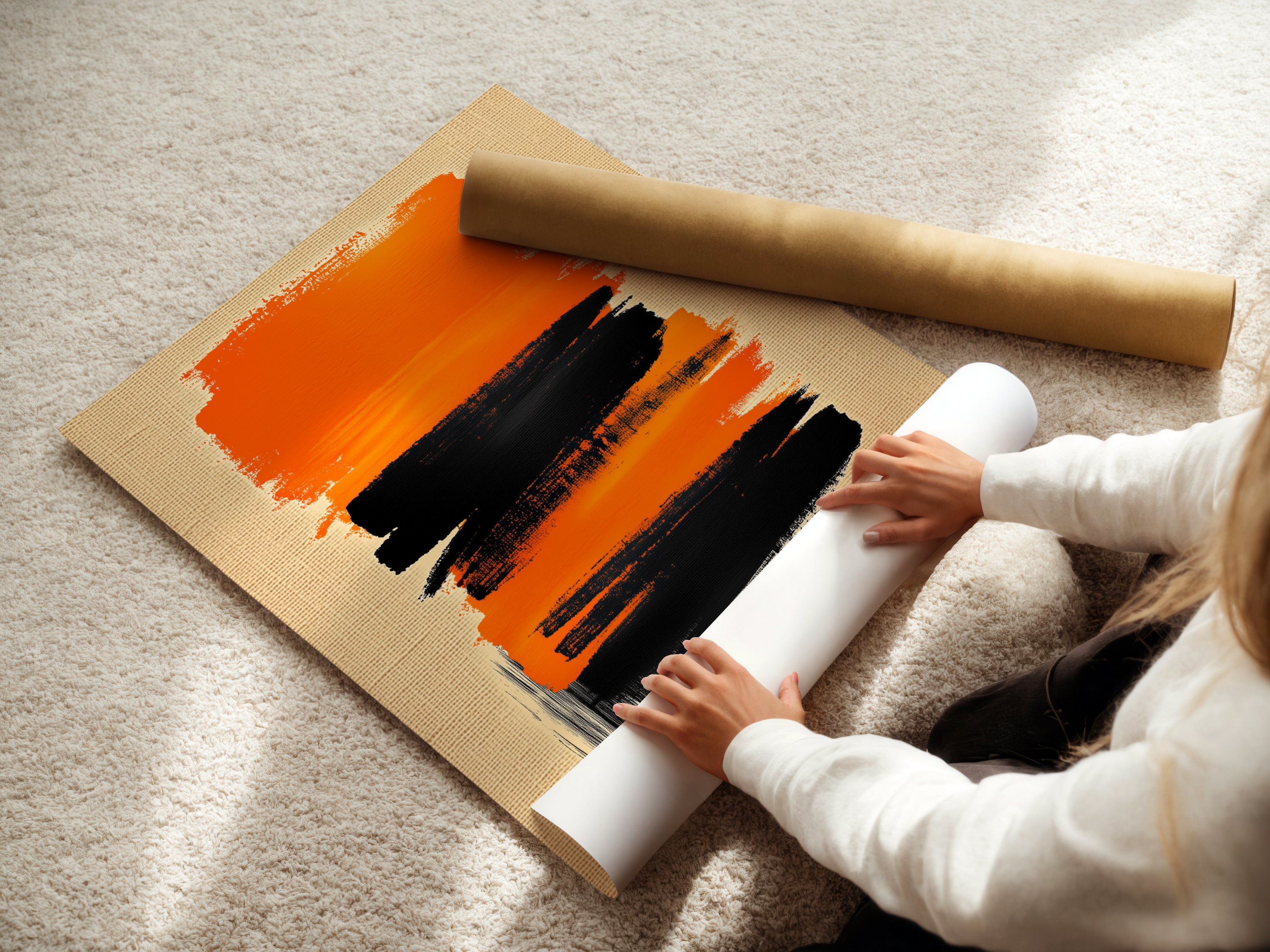 A woman is carefully rolling a fine art poster paper print. The abstract artwork is ready for framing or display. High-quality materials ensure a stunning final piece. Order your fine art print today for your home or office.