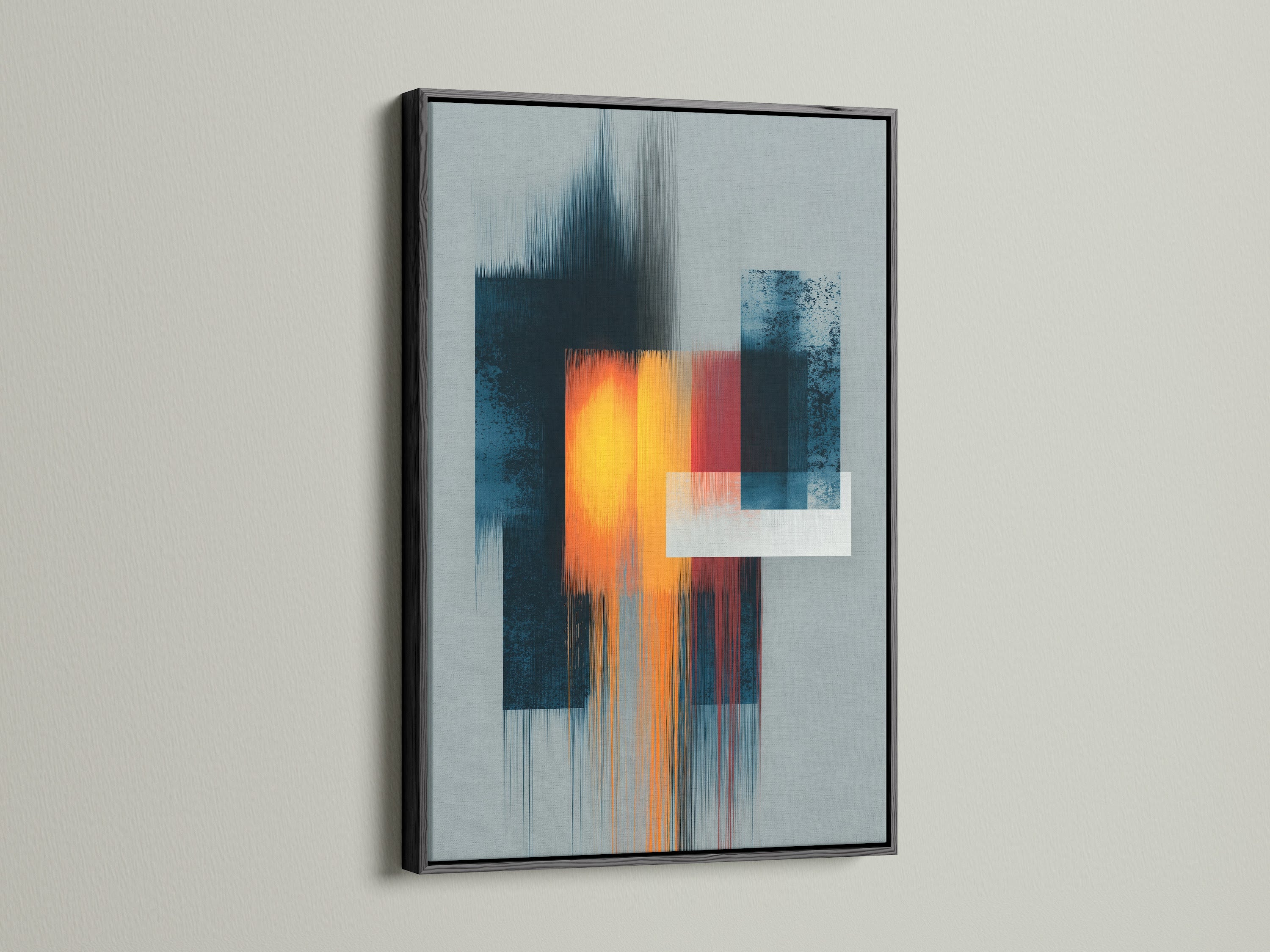 Striking abstract artwork in a black frame creates a bold statement. The dark frame sharply contrasts with the wall. The artwork features dynamic lines and vibrant colors. Black frames add a touch of elegance and drama.