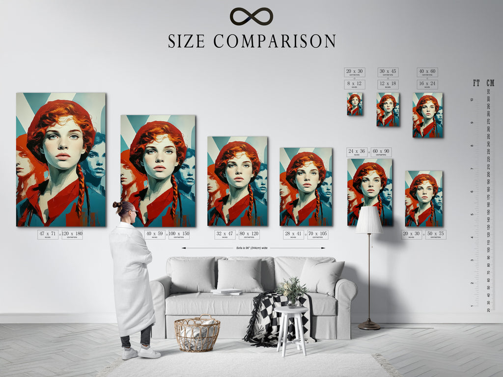 Size comparison chart in an interior. The chart shows the sizes of Retro Woman Art. Vintage pop art style wall decor for a bedroom or office. The artwork features red hair and teal orange hues. It is a modern art.