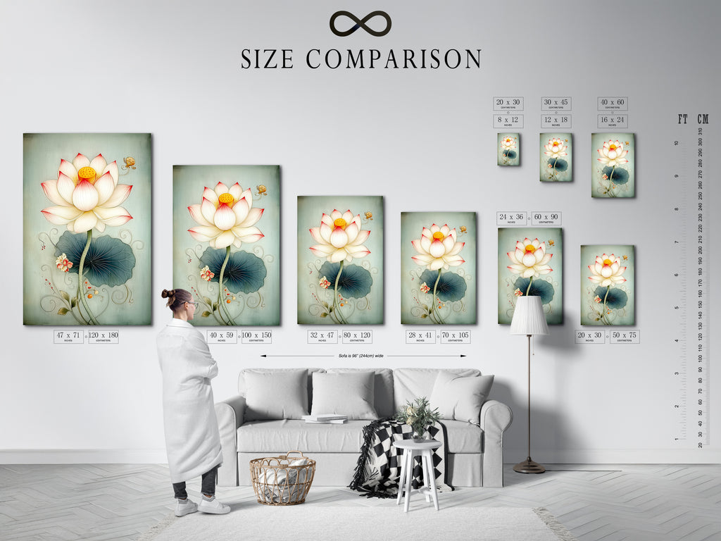 Size comparison chart in an interior setting showcasing the Lotus Flower artwork. Explore various sizes to perfectly fit your space. This botanical wall art adds a touch of Asian serenity. Discover serene art prints.