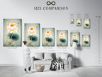 Size comparison chart in an interior setting showcasing the Lotus Flower artwork. Explore various sizes to perfectly fit your space. This botanical wall art adds a touch of Asian serenity. Discover serene art prints.
