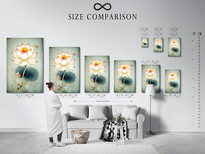 Size comparison chart in an interior setting showcasing the Lotus Flower artwork. Explore various sizes to perfectly fit your space. This botanical wall art adds a touch of Asian serenity. Discover serene art prints.