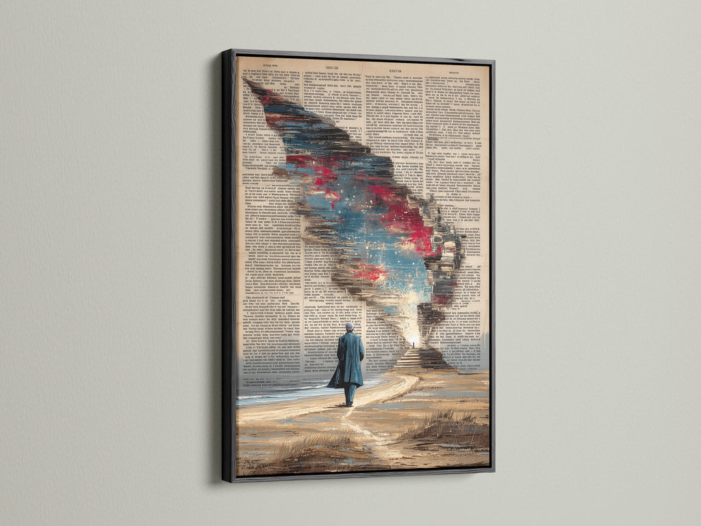 Surreal artwork print in a sleek black frame. This cosmic sky art adds depth to any wall. A vintage dictionary page is transformed into a canvas print. Great for office wall decor or a book lover's space. The black frame makes the art pop