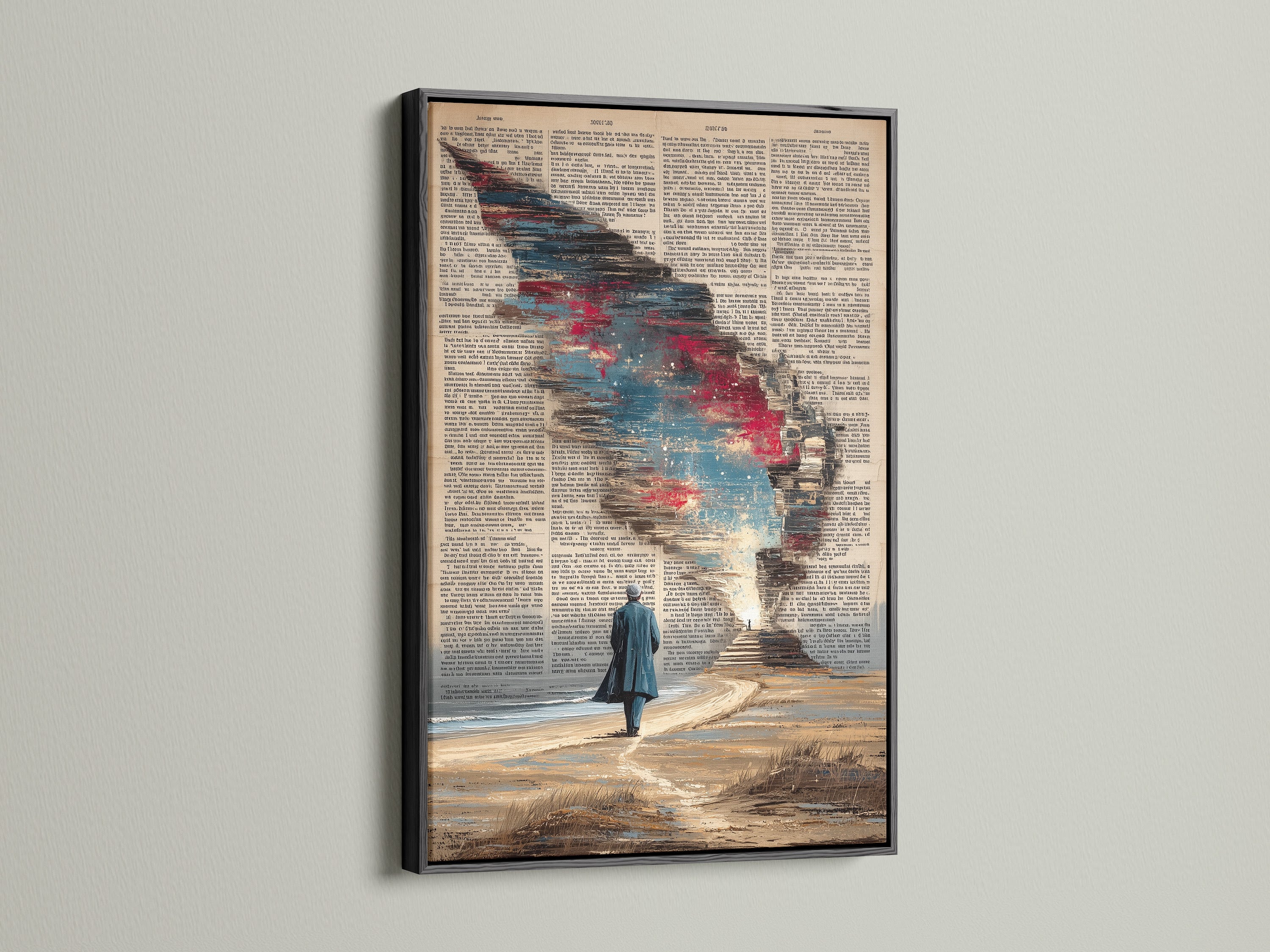 Surreal artwork print in a sleek black frame. This cosmic sky art adds depth to any wall. A vintage dictionary page is transformed into a canvas print. Great for office wall decor or a book lover's space. The black frame makes the art pop