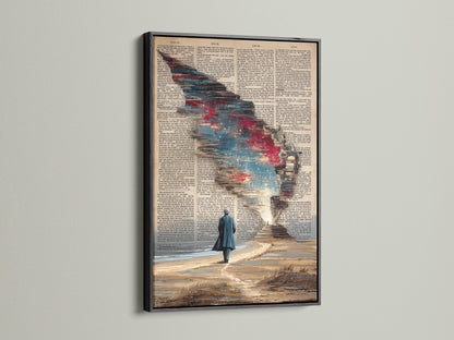 Surreal artwork print in a sleek black frame. This cosmic sky art adds depth to any wall. A vintage dictionary page is transformed into a canvas print. Great for office wall decor or a book lover's space. The black frame makes the art pop