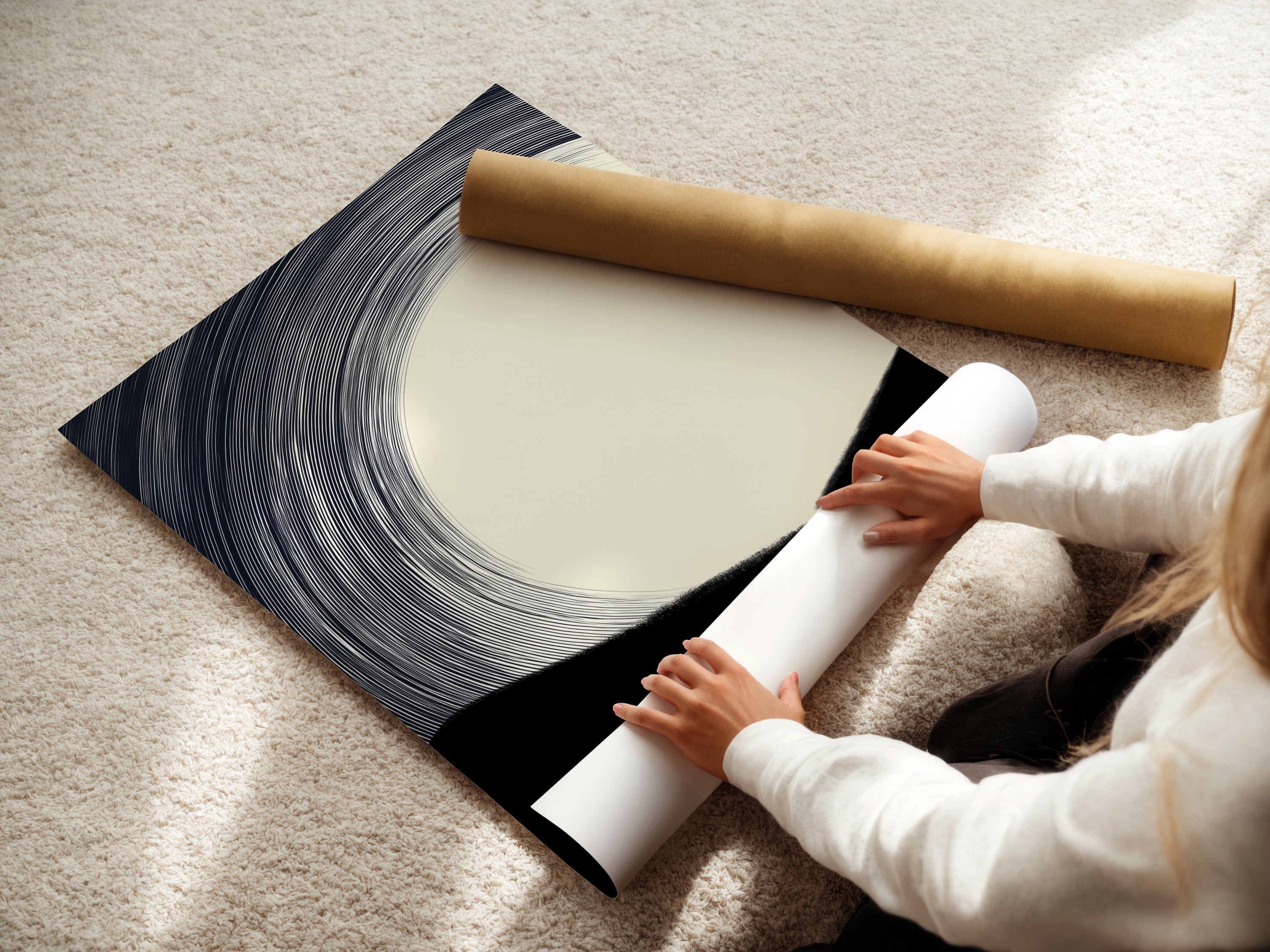 A woman carefully rolls a fine art poster paper. The paper features a minimalist artwork. The artwork is an abstract landscape in beige black and white. High-quality materials ensure a stunning piece. Perfect for adding a touch of elegance to any interior.