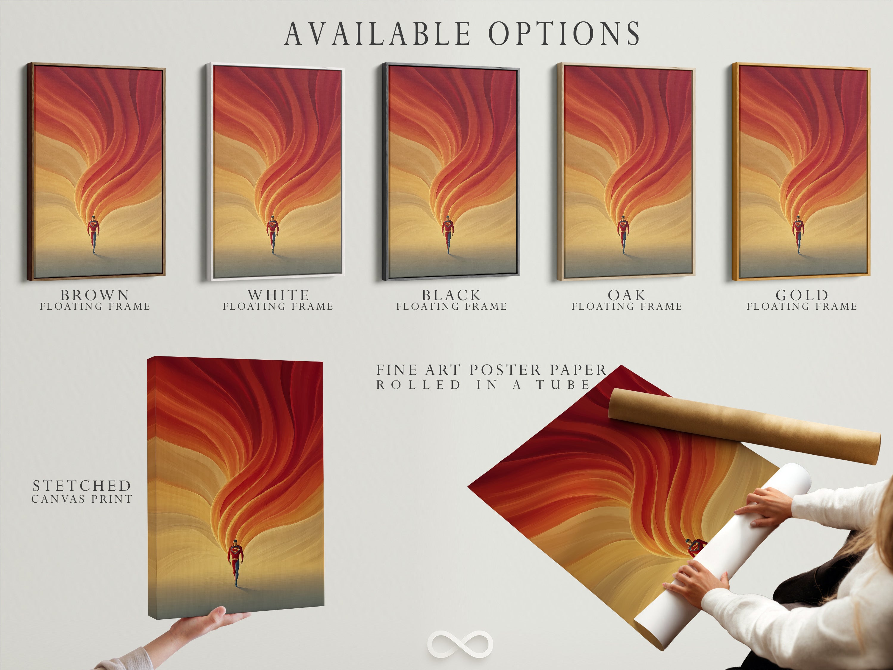 Explore available options for the Abstract Runner art. Choose from a stretched canvas print. Opt for fine art poster paper. Or select a floating frame. Find the perfect style to complement your warm orange swirl artwork. It enhances any room.