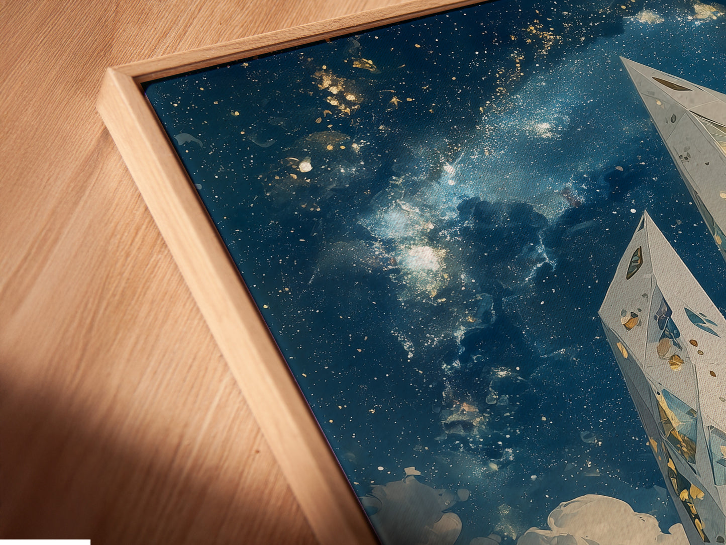 Angled close up of a canvas print in floating frame. The Crystal Tower art is elevated with this modern framing. This futuristic artwork is ideal for contemporary decor. Its floating frame adds sophistication.