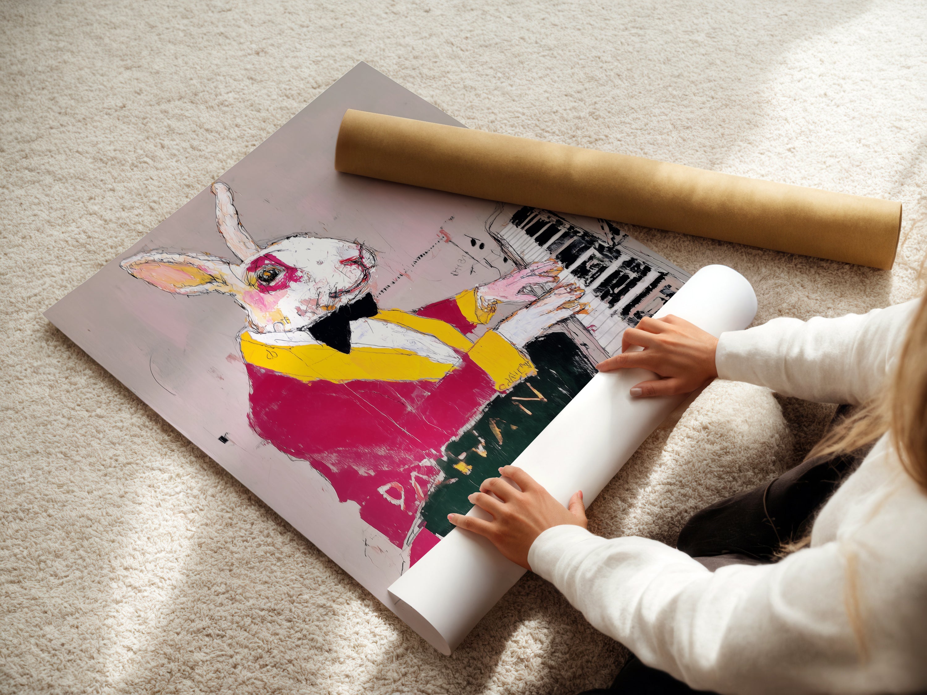 A woman carefully rolls a fine art poster paper print of the Rabbit Pianist artwork. This whimsical animal wall art is perfect for music rooms. It's a contemporary mixed media print. Get your unique art piece today.