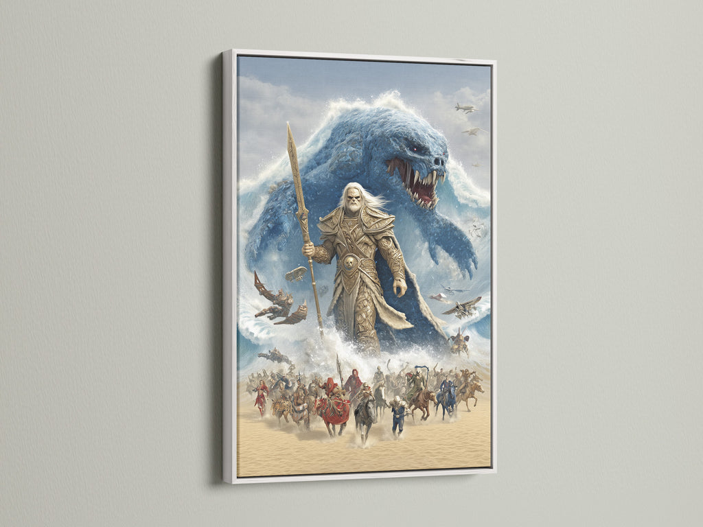 This striking epic fantasy artwork is presented in a clean white frame. The white frame enhances the vivid colors of the mythical battle scene. The artwork features an ancient warrior confronting a monstrous sea creature. This piece adds a sophisticated touch to any game room or living space.