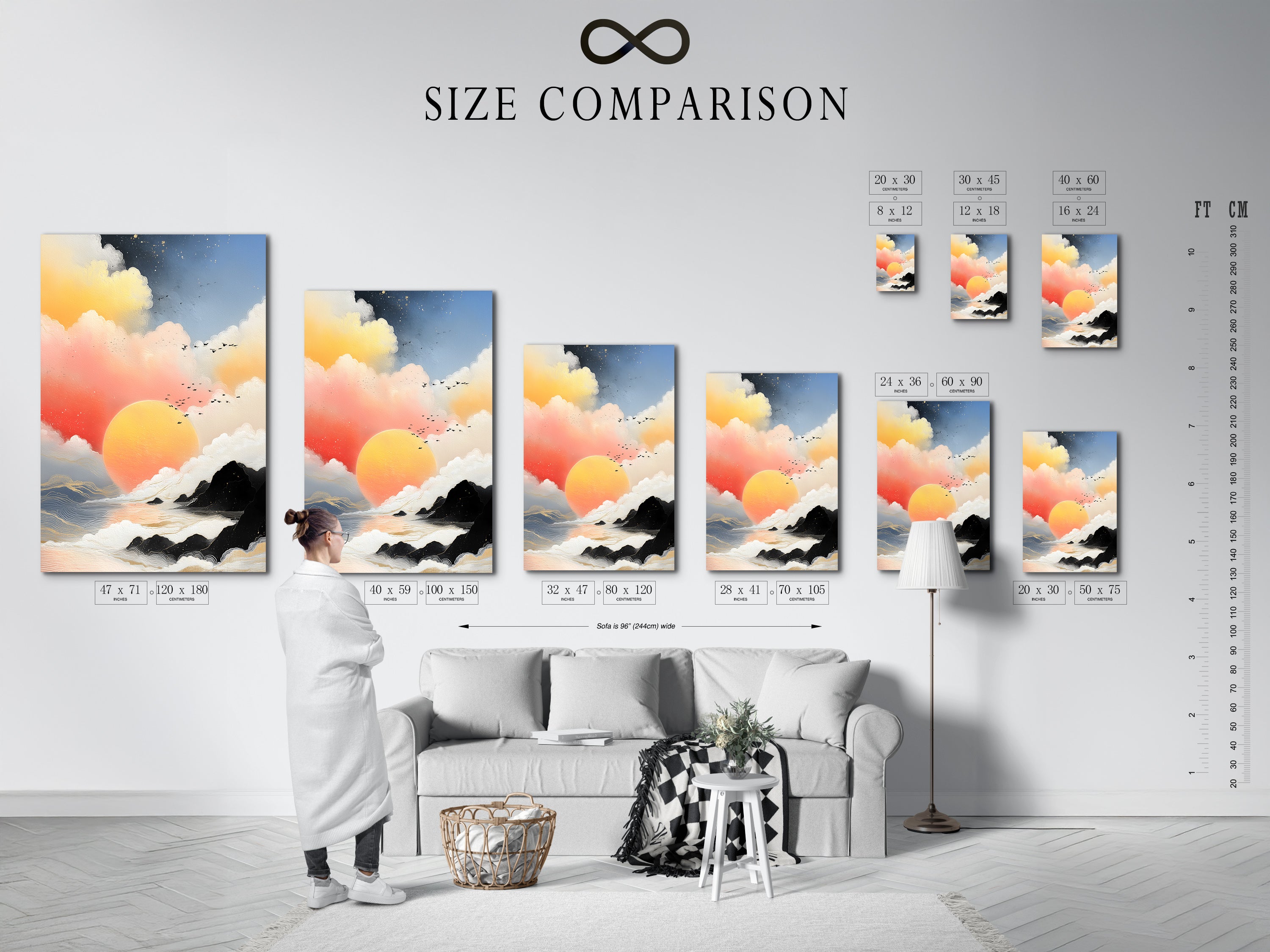 Size comparison chart featuring the Sunrise Seascape art. This coastal wall art offers various sizes to fit your space. The abstract cloudscape suits minimalist and modern styles. Find the perfect fit for your decor.