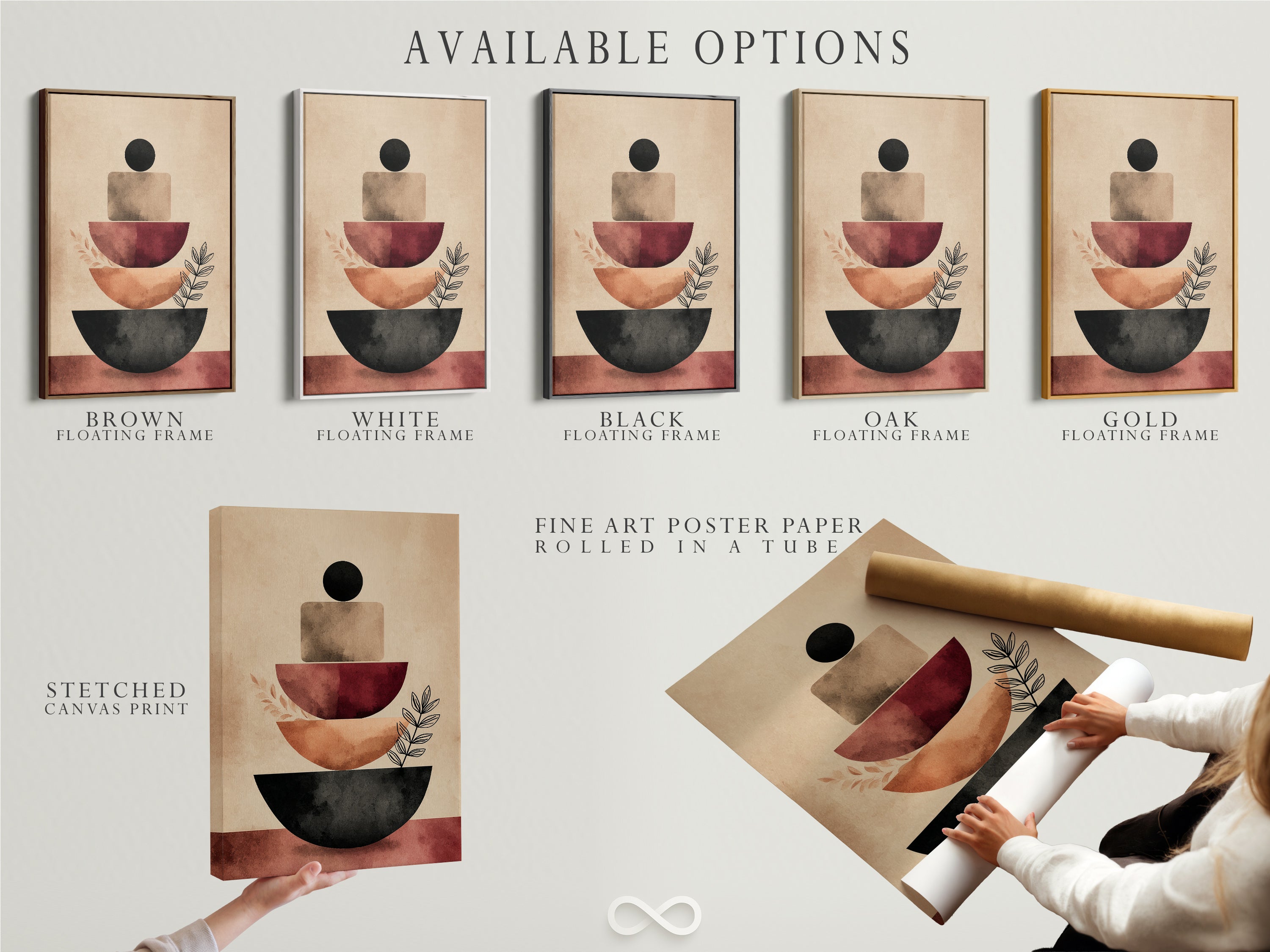 Available options include a stretched canvas print fine art poster paper and a floating frame. The abstract stacking artwork features terracotta geometric shapes. Choose the perfect format to complement your modern minimalist or boho interior decor style.