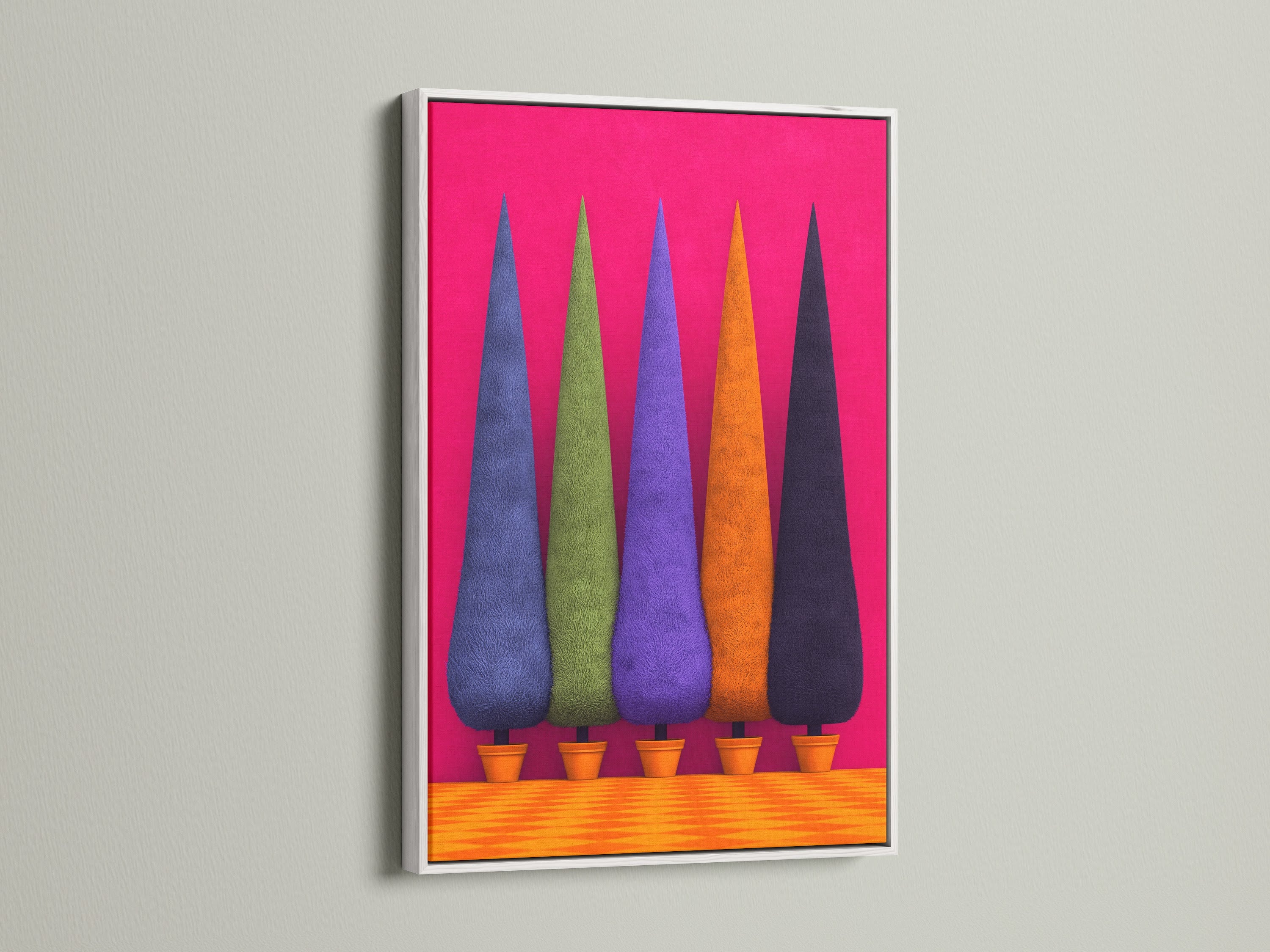 Cypress Tree artwork in a white frame. This modern wall art features a colorful plant poster. This is great for adding a touch of pink to your home office decor. Enhance your garden art collection.