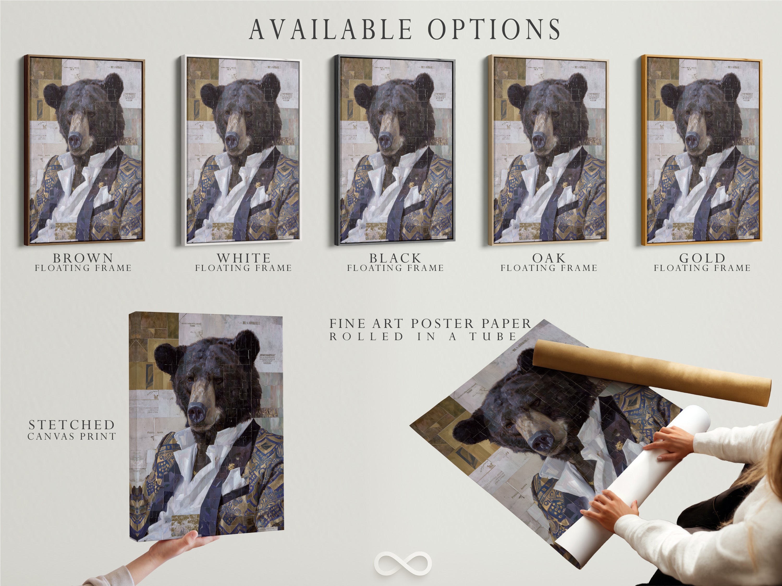 Available options for the vintage collage bear portrait art. Choose from a stretched canvas print fine art poster paper or a floating frame. Perfect for homeowners renters and interior designers.  Customize your wall art to match your unique style.