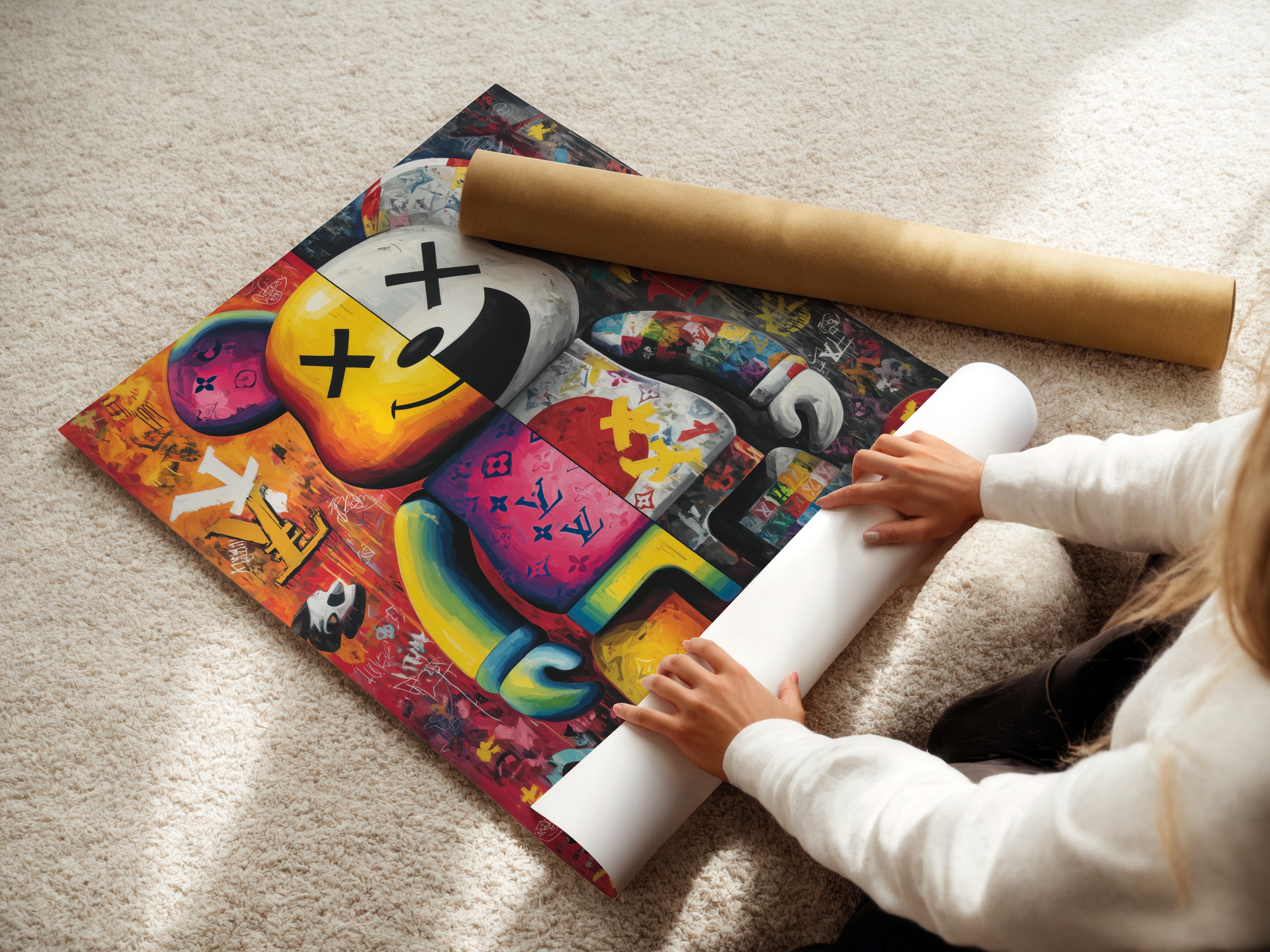 A woman is carefully rolling a fine art poster paper. The paper features Kaws Companion artwork. This ensures the pop art street graffiti wall art remains pristine. Perfect for modern office decor.