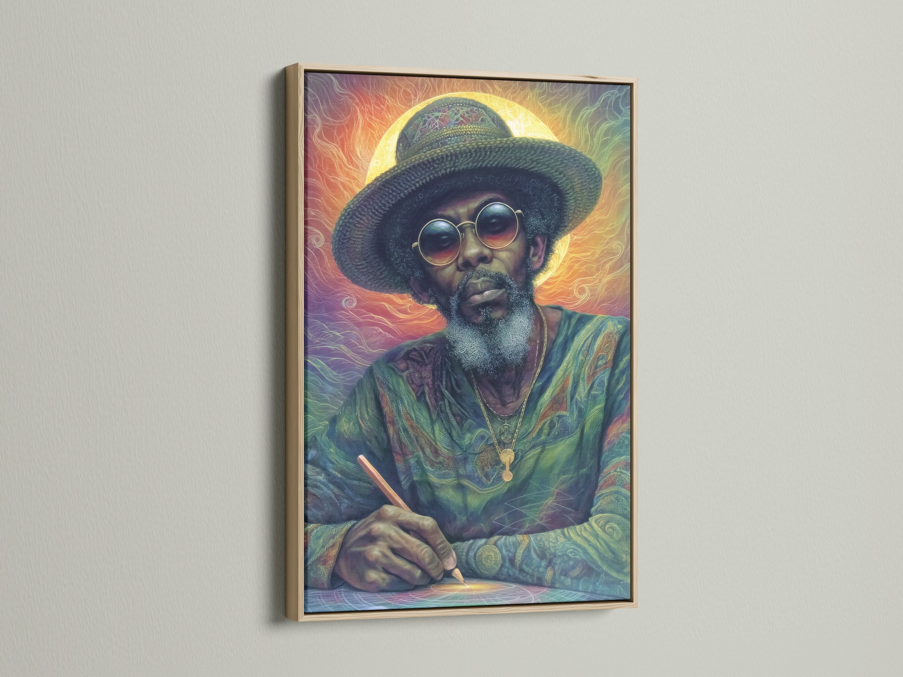 This is a psychedelic portrait canvas art piece displayed in an oak frame. It adds a touch of bohemian style to any room. The colorful Rastafarian print is a vibrant spiritual statement. Ideal for living rooms and creative workspaces.