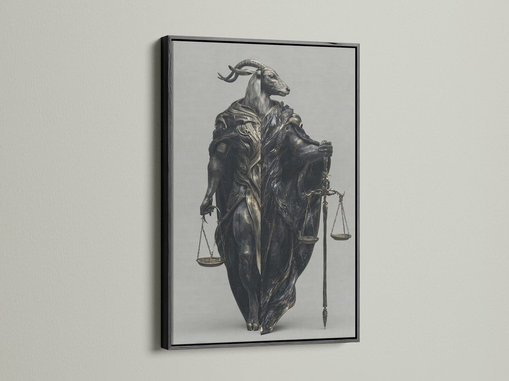 The Justice Scales Goat art print is framed in black. This Gothic style art is ideal for a law firm or study. The black primary color enhances its dark fantasy appeal. It is a conversation piece.
