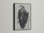 The Justice Scales Goat art print is framed in black. This Gothic style art is ideal for a law firm or study. The black primary color enhances its dark fantasy appeal. It is a conversation piece.
