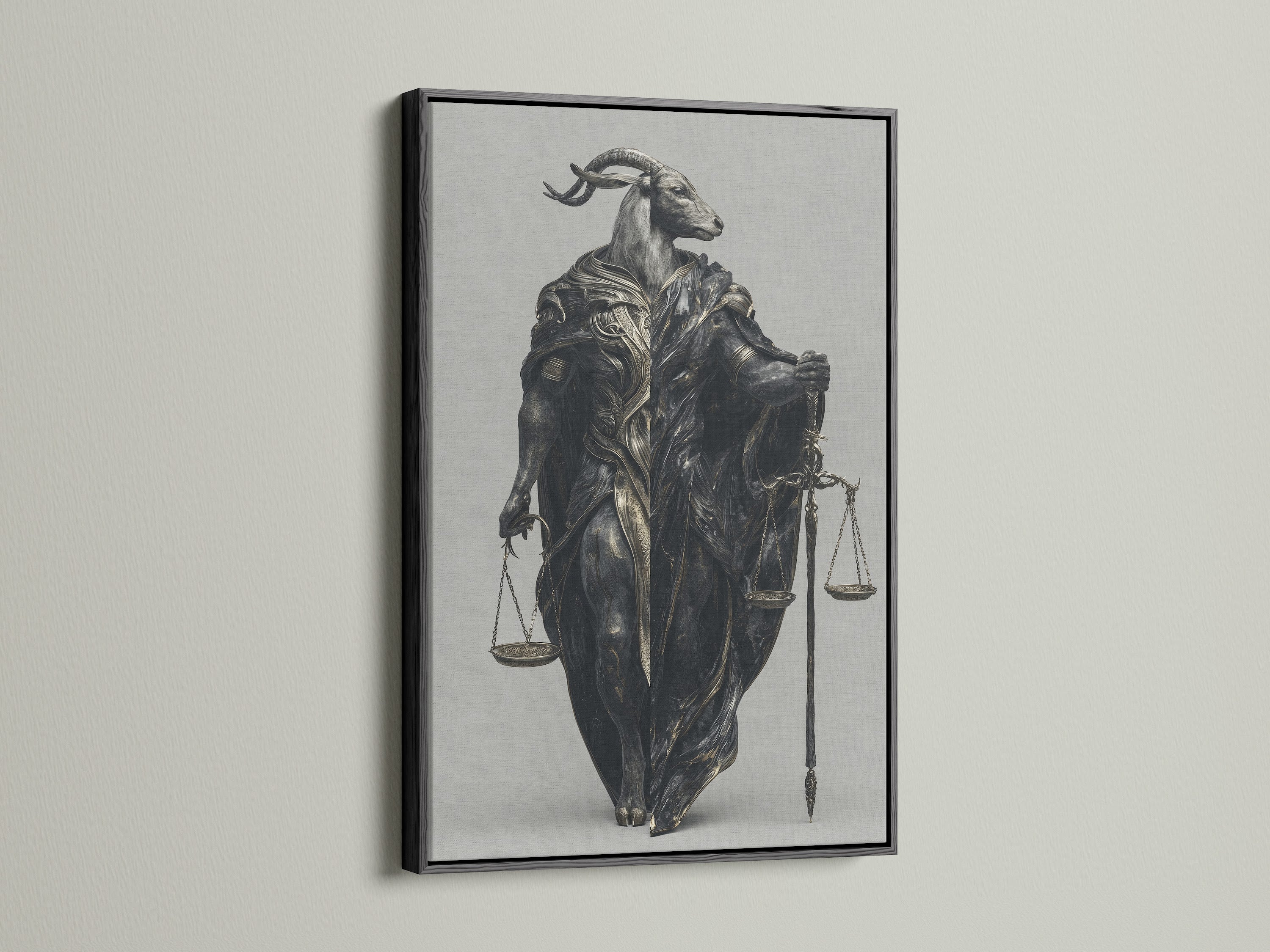 The Justice Scales Goat art print is framed in black. This Gothic style art is ideal for a law firm or study. The black primary color enhances its dark fantasy appeal. It is a conversation piece.