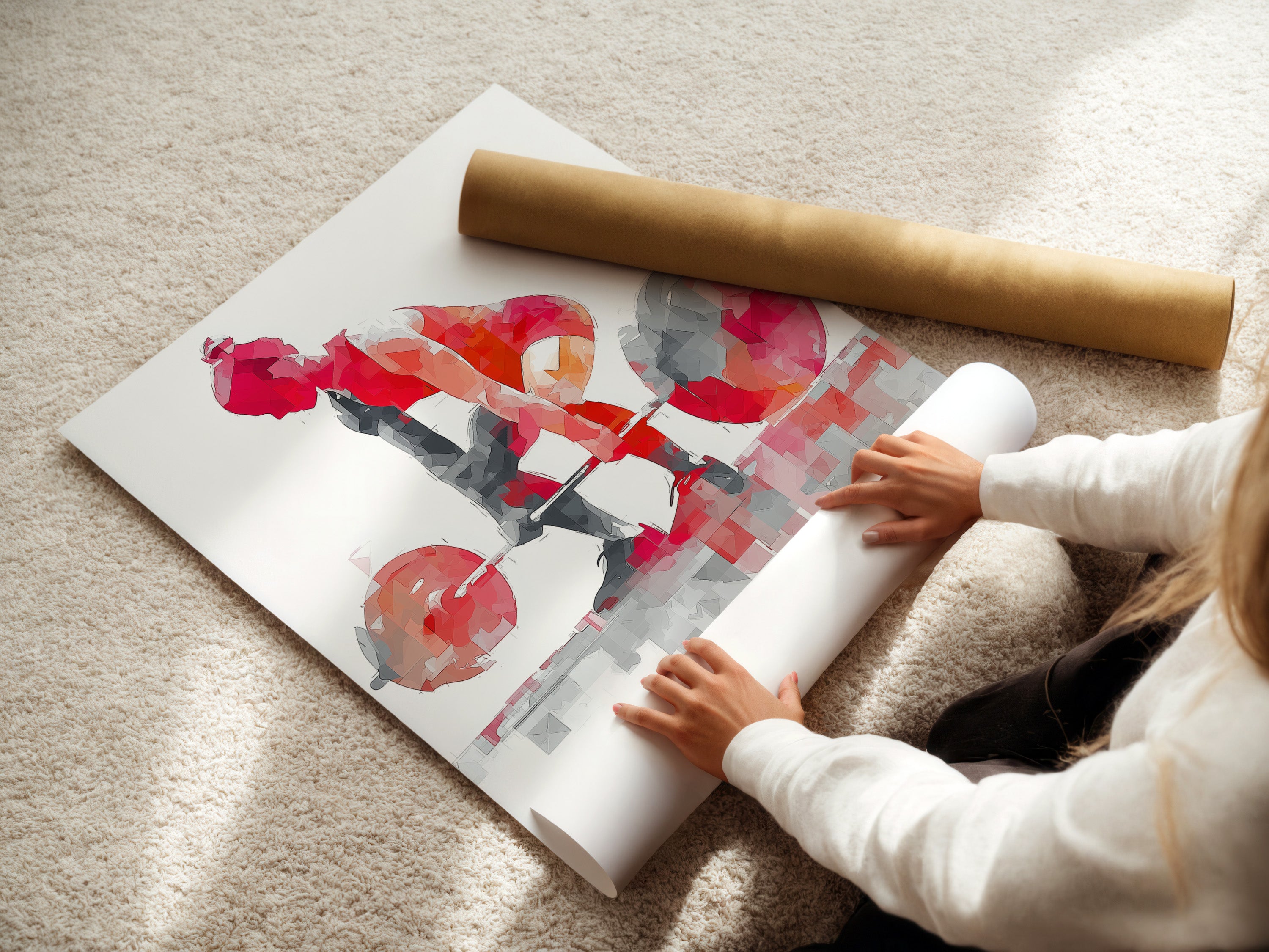 A woman is carefully rolling a fine art poster paper. This ensures the geometric fitness artwork arrives in perfect condition. The red abstract gym poster is ready to enhance any home gym decor.