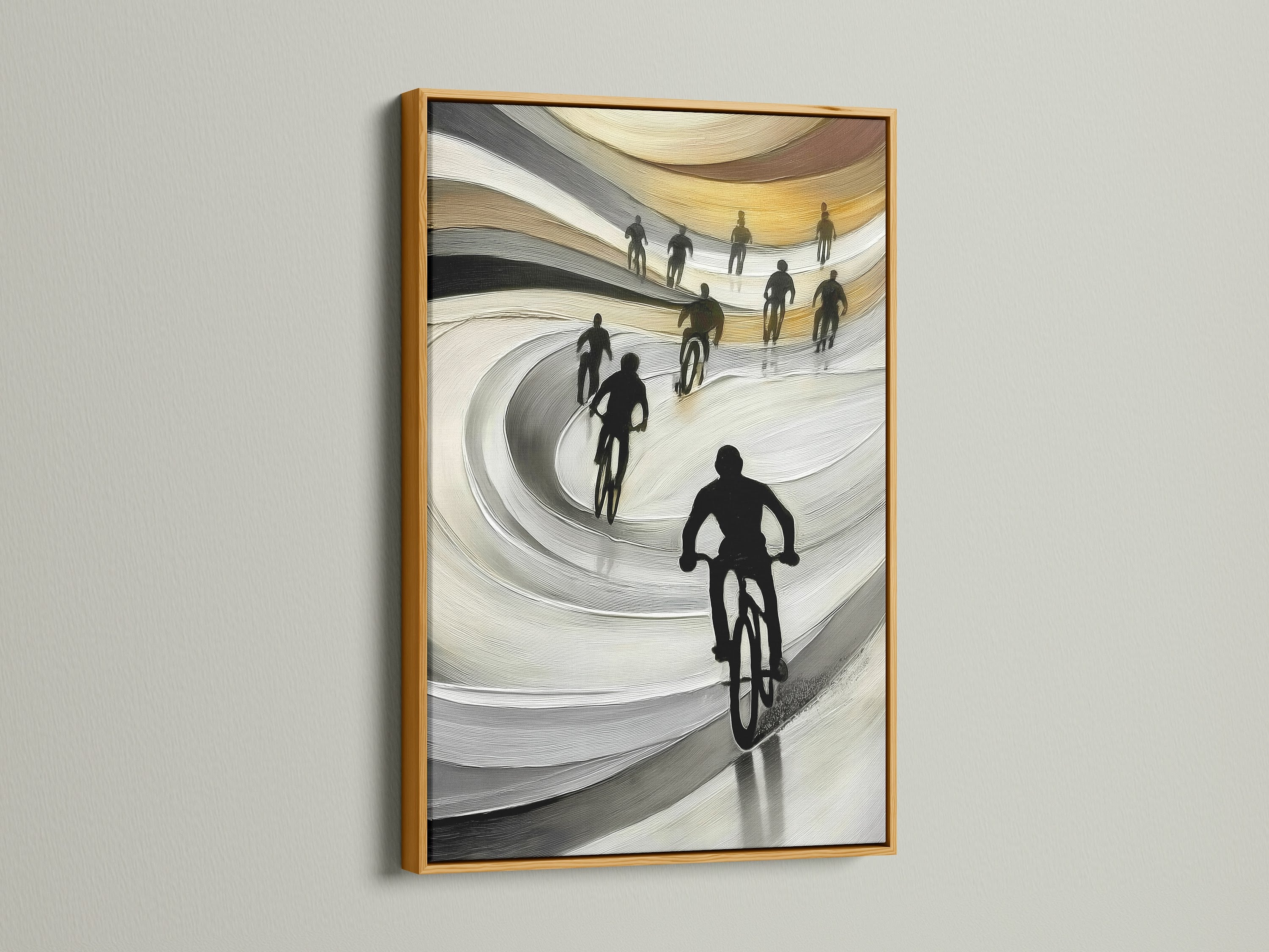 The Cyclists Canvas Print with a gold frame is a luxurious touch. Elevate your office wall art with this striking piece. This monochrome print makes a statement. A great choice for recreation rooms.