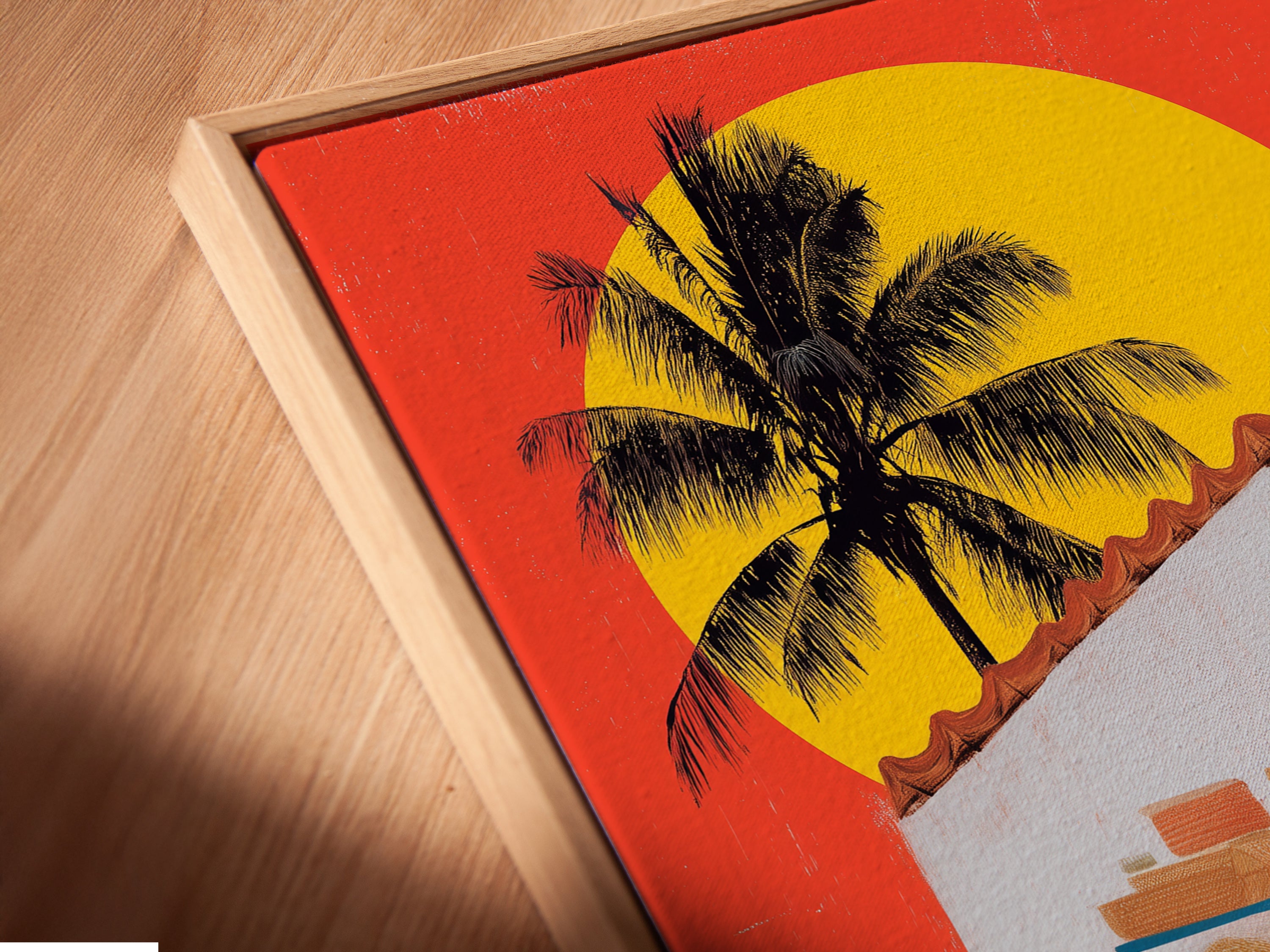 This is an angled close up of a coastal kitchen canvas print in a floating frame. The tropical palm wall art enhances island decor. It is a modern art print perfect for a vacation home. The beach house vibe is captured. A unique piece of coastal artwork.