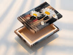 A stretched canvas print of a daisy artwork is displayed. The stretched canvas print is ready to hang and enjoy. This floral art adds a modern botanical touch to any space. Perfect for bedroom wall decor and living room accents.
