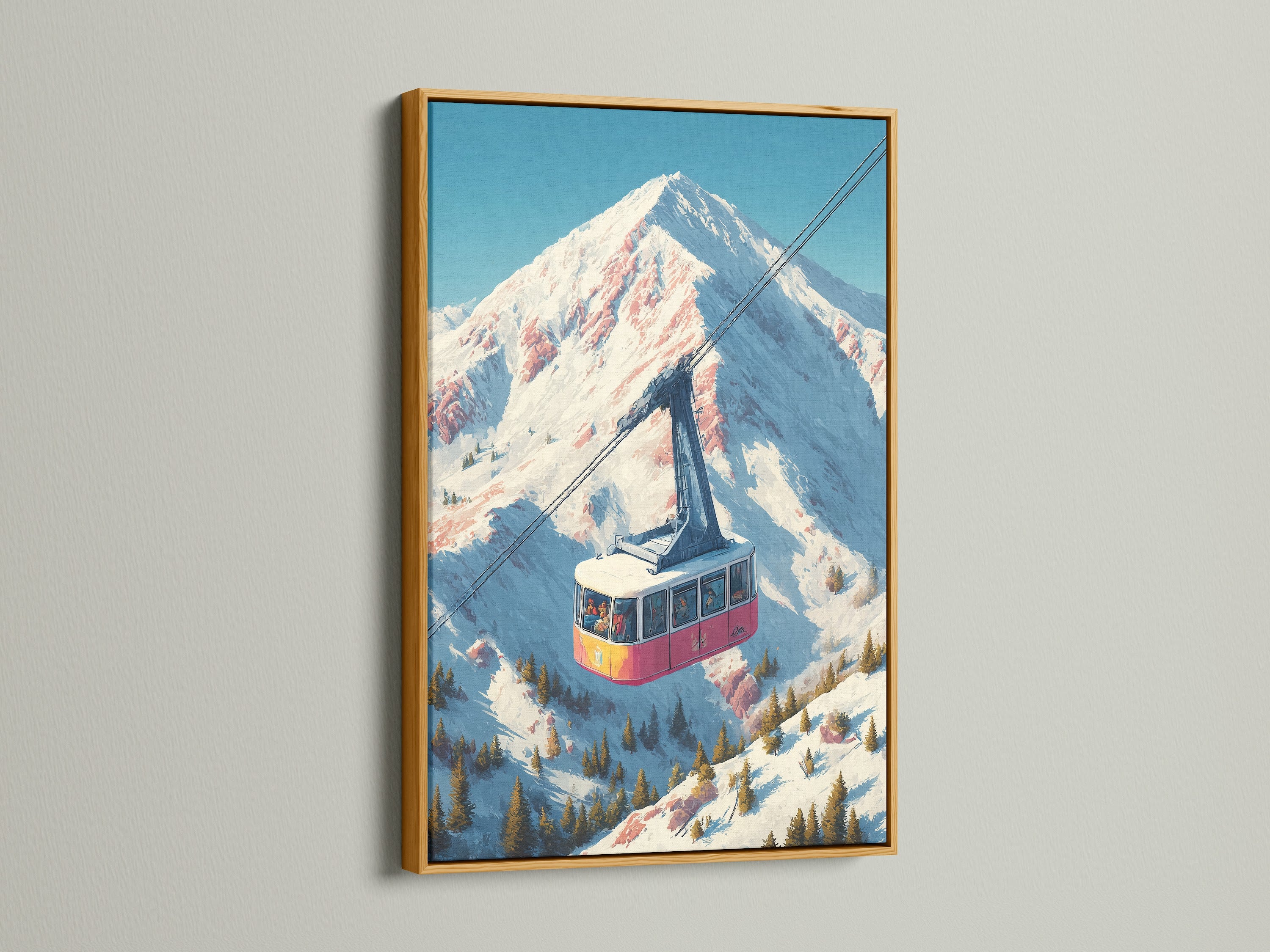 Vintage ski lift art print in a gold frame. The artwork displays an alpine mountain cable car scene. Perfect retro winter sports poster for cabin wall decor. Elevate your space with lodge-style mountain artwork.