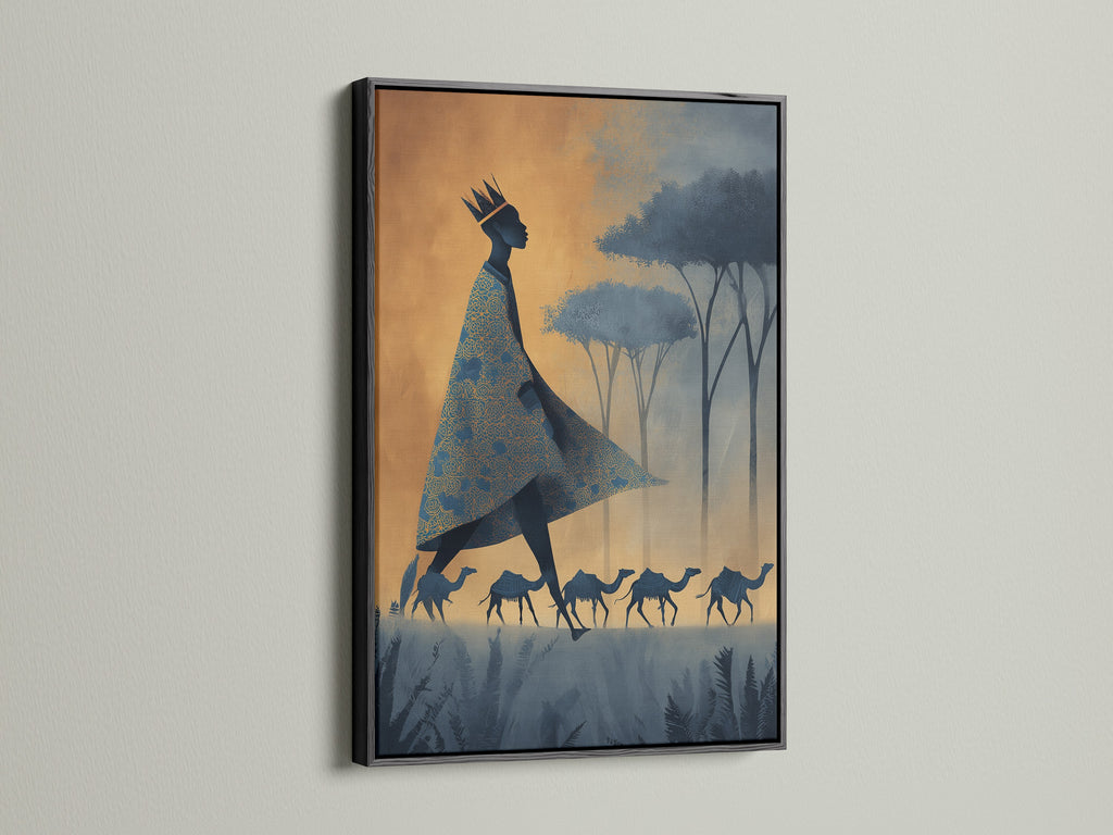 This artwork gains a bold presence with a black frame. The art features a king queen or tribal leader. They are accompanied by camels in a graphic setting. The black frame provides a strong contrast. It makes the artwork pop against the wall. A timeless choice