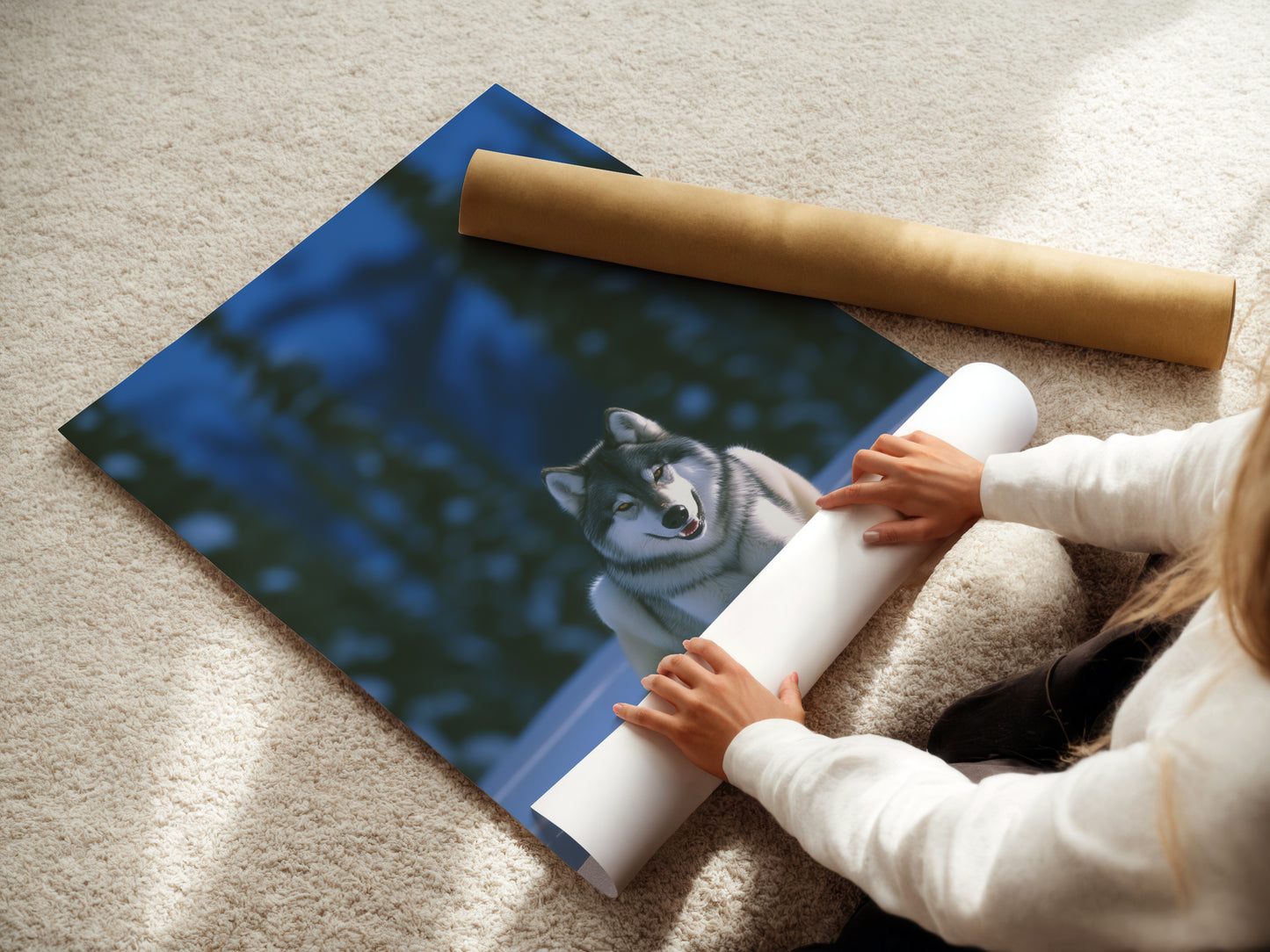 A woman expertly rolls fine art poster paper featuring wolf art. Perfect for creating wildlife prints and animal wall art. This winter canvas will bring a touch of nature to any space. Ideal for rustic home decor. Explore the possibilities of stunning wolf photography for your home