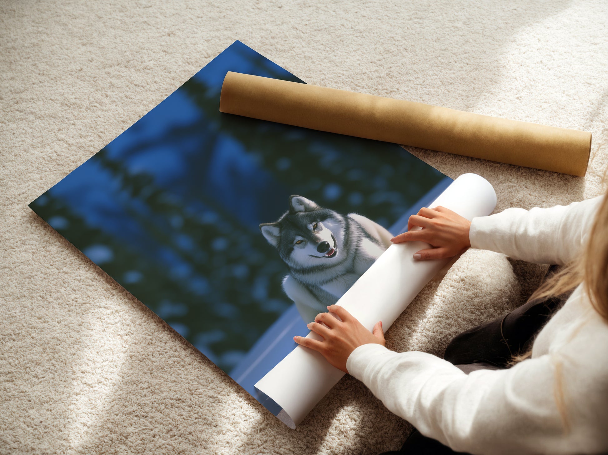 A woman expertly rolls fine art poster paper featuring wolf art. Perfect for creating wildlife prints and animal wall art. This winter canvas will bring a touch of nature to any space. Ideal for rustic home decor. Explore the possibilities of stunning wolf photography for your home