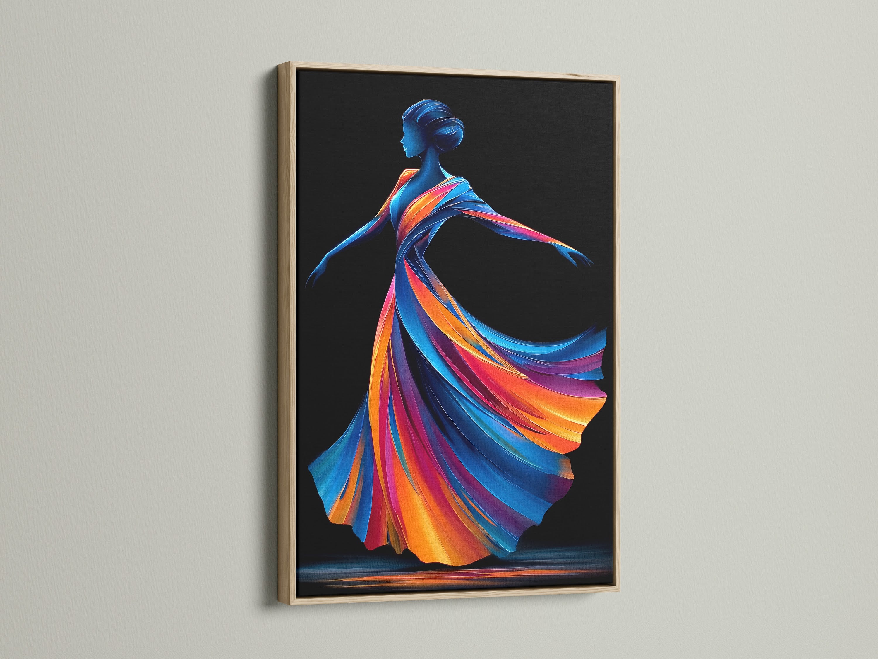 The Dancing Woman art piece is displayed in an oak frame. This frame enhances the contemporary style. The artwork features a colorful abstract figure. It is ideal for living rooms and stylish homes. Discover dance art prints.
