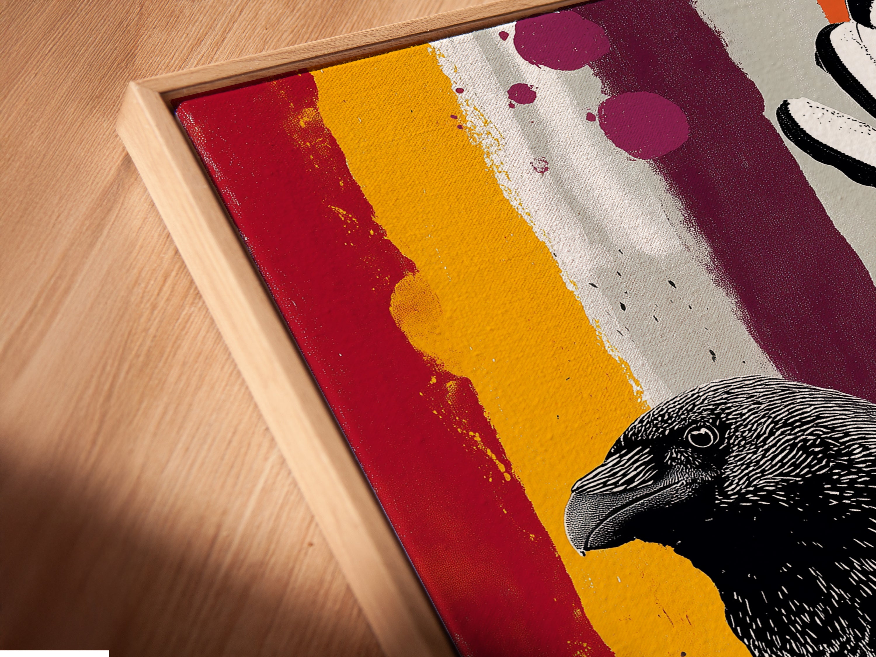A close-up angled view of the Raven Goalkeeper canvas print. It is displayed in a floating frame. This soccer bird art enhances any room. This abstract sports artwork is perfect for kid's room decor. A modern and unique art choice.