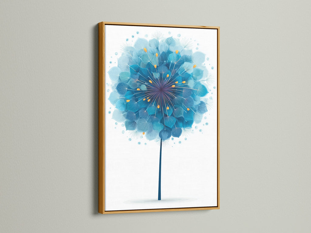 The gold frame adds a touch of luxury to the blue dandelion artwork. This floral canvas art becomes a statement piece. The blue botanical elements are enhanced by the warm gold tone. It is perfect for creating a stylish focal point.