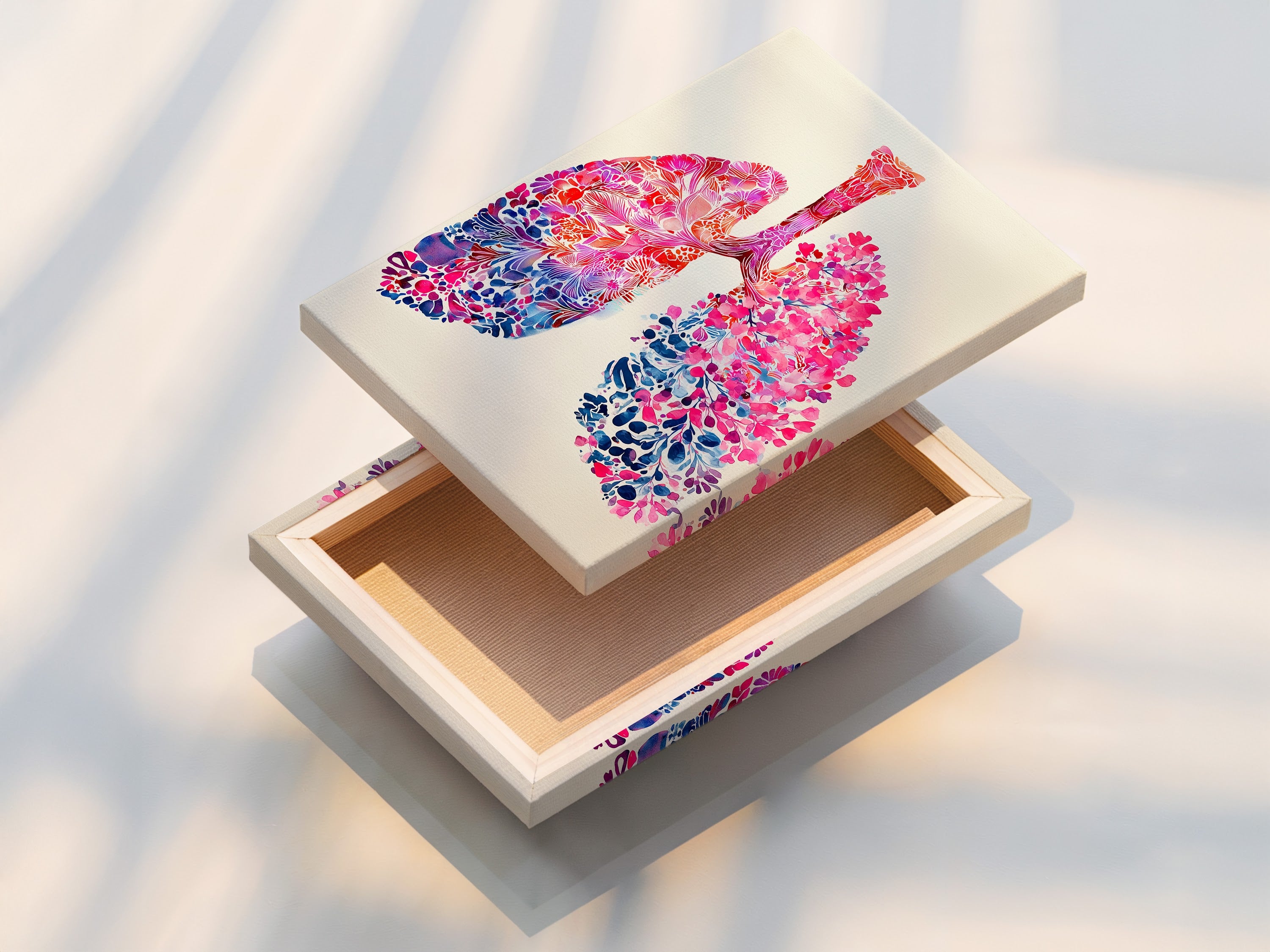 This is a stretched canvas print of the lung artwork. The stretched canvas print is ready to hang. It offers a gallery-wrapped look that enhances the artwork's presentation in any room.