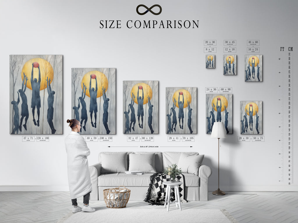 An interior shot showcasing a size comparison chart for artwork. This basketball silhouette art fits perfectly in any space. Choose the ideal size for your sports wall art. Perfect for boys room decor or a modern game room. Explore our athletic canvas prints for team spirit. Decorate your walls today.