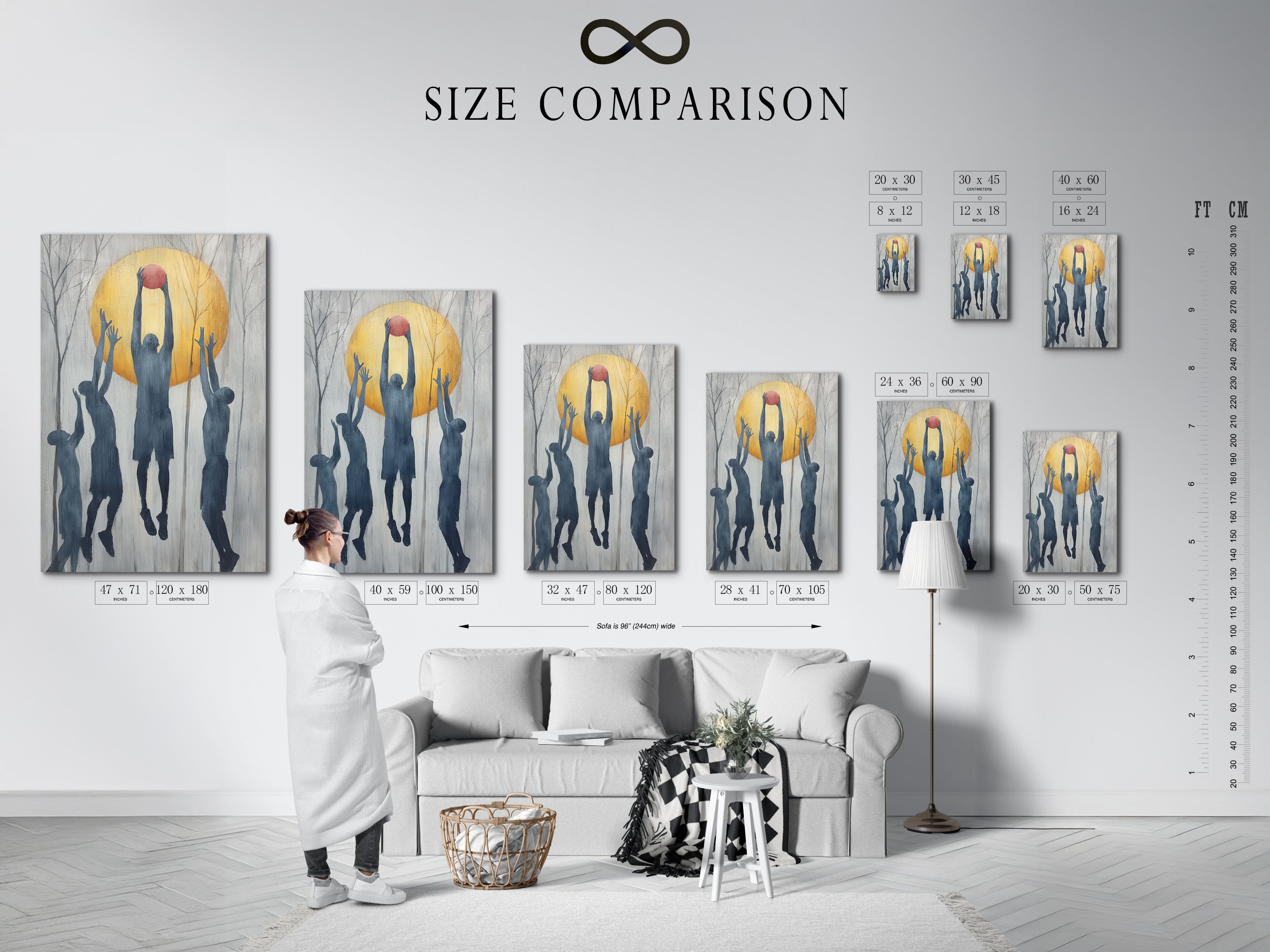 An interior shot showcasing a size comparison chart for artwork. This basketball silhouette art fits perfectly in any space. Choose the ideal size for your sports wall art. Perfect for boys room decor or a modern game room. Explore our athletic canvas prints for team spirit. Decorate your walls today.