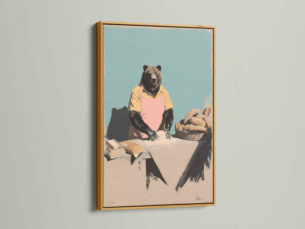 The gold frame highlights a bear artwork. This whimsical kitchen wall art is perfect for cafe wall decor. It brings a unique touch to your dining space. The animal chef print adds a fun conversation starter. Ideal for professional chefs.