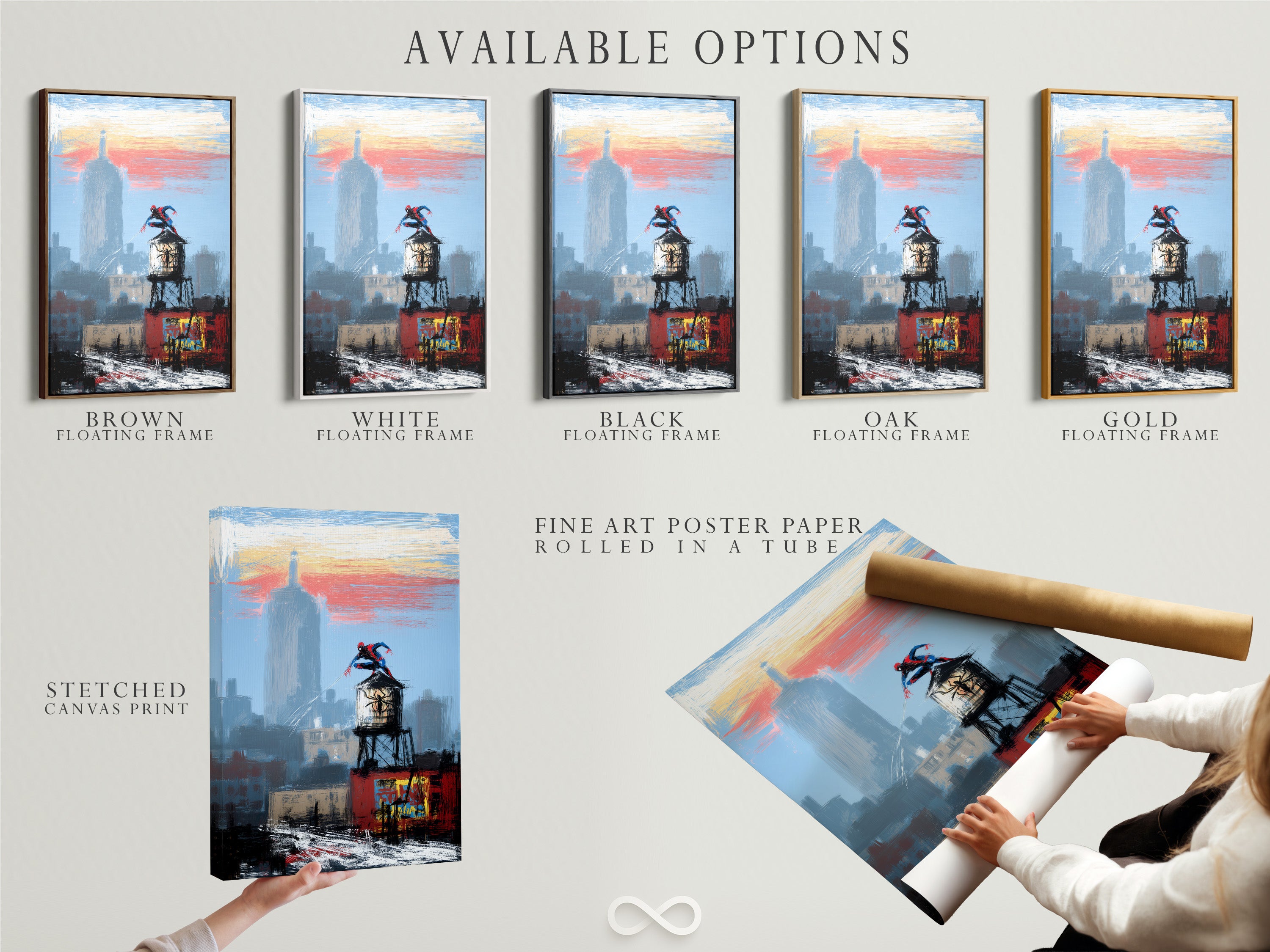 Explore available options for the NYC Cityscape Canvas Print including stretched canvas fine art poster paper and floating frame. Customize your superhero wall art to perfectly match your style and space.