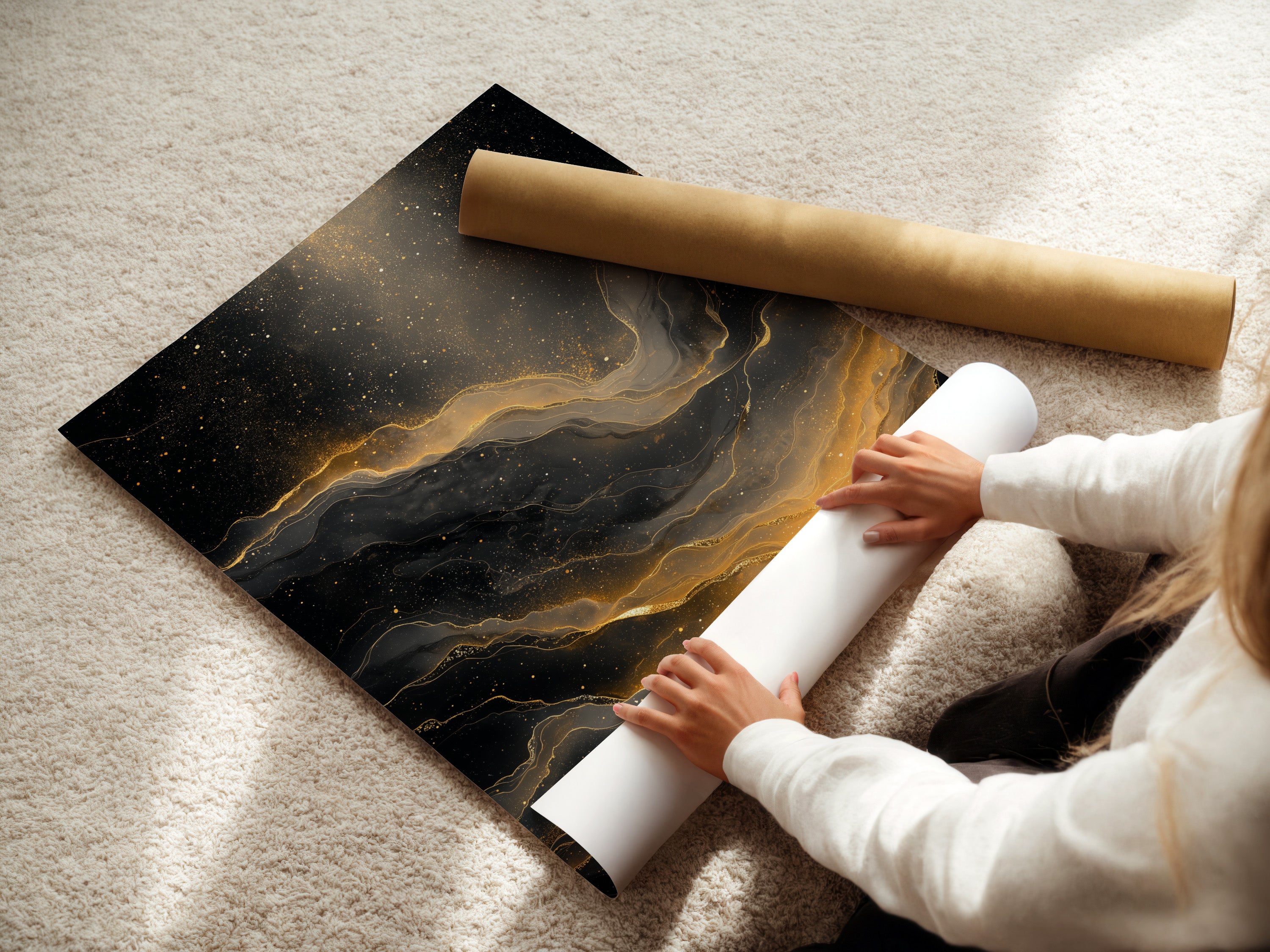 A woman rolls a fine art poster paper. The paper features an abstract design. The poster is carefully handled. The fine art paper ensures high quality. This poster is perfect for art enthusiasts. It protects the artwork during handling. This poster will look great framed.