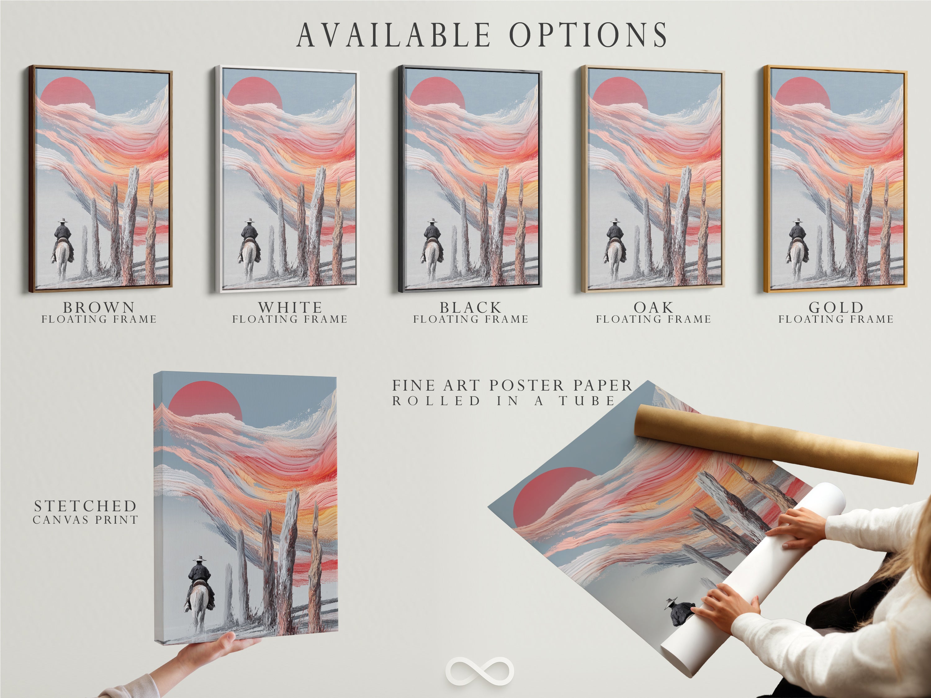 Available options for cowboy sunset artwork. Choose from stretched canvas prints fine art poster paper or floating frames. Customize the artwork to fit your decor style. Bring the beauty of the southwest into your space.