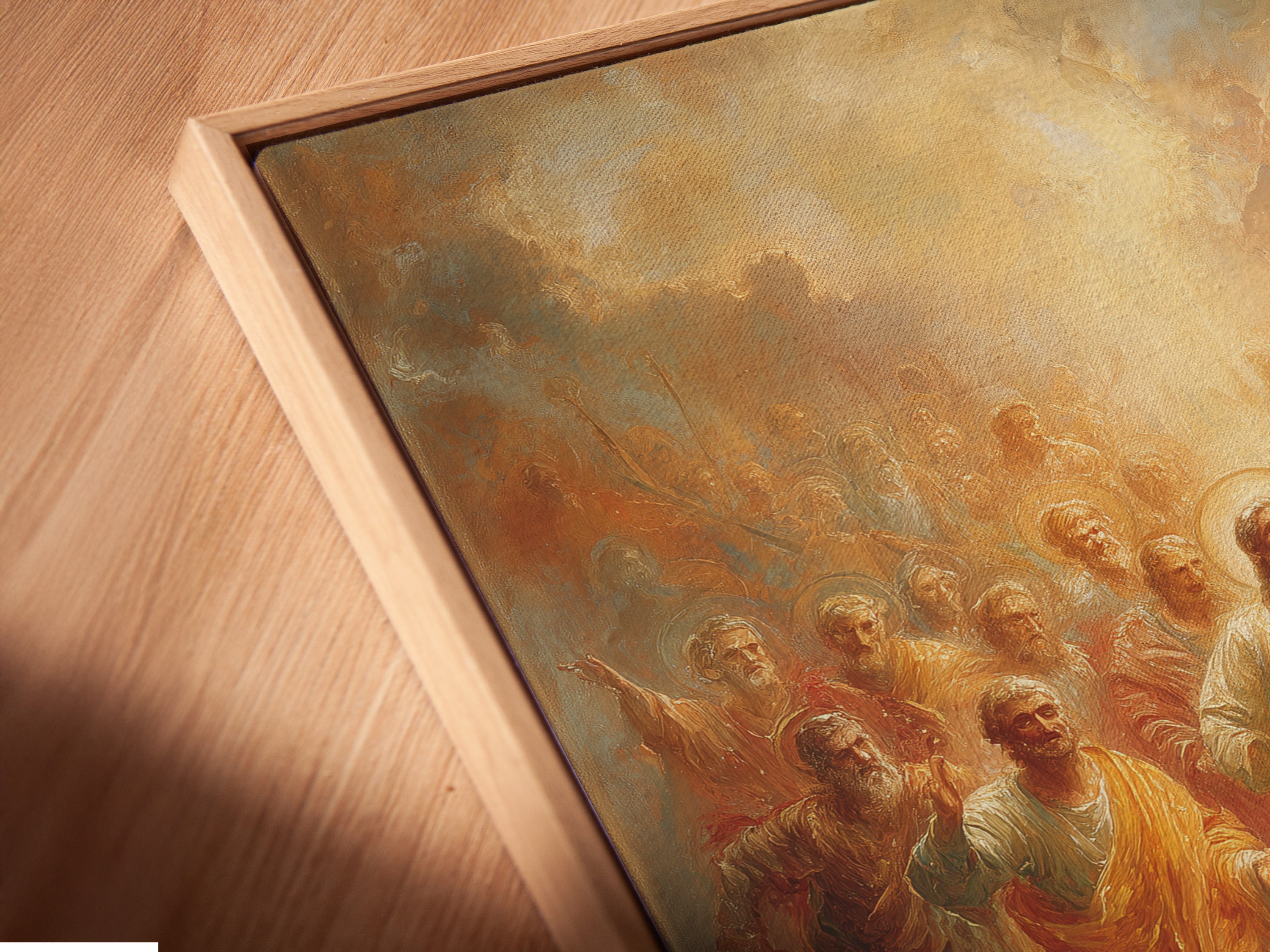 A close-up of a canvas print in a floating frame. This stunning religious artwork showcases Jesus Christ with Apostles. This Christian canvas art offers a modern and elegant way to display faith. Ideal for adding a touch of spirituality to any room.