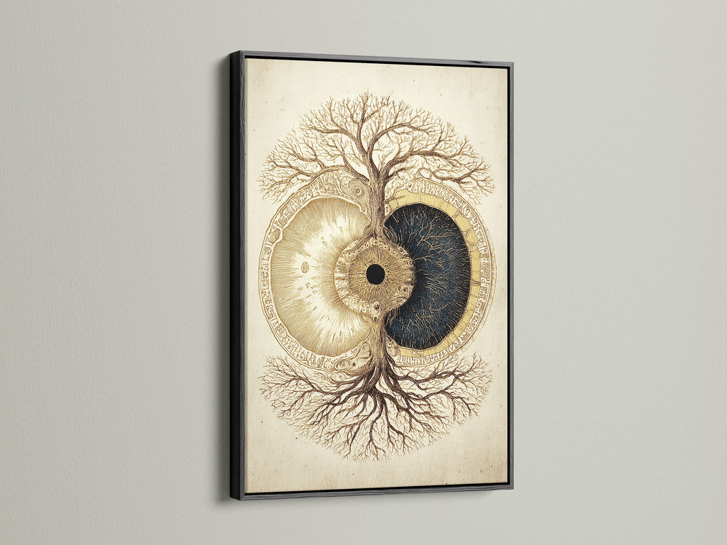 Black frame showcases the artwork. The black frame provides a classic and sophisticated look. The artwork features a tree and eye artwork. It adds depth to the art. Ideal for any room. This frame makes a statement. It brings a touch of elegance.