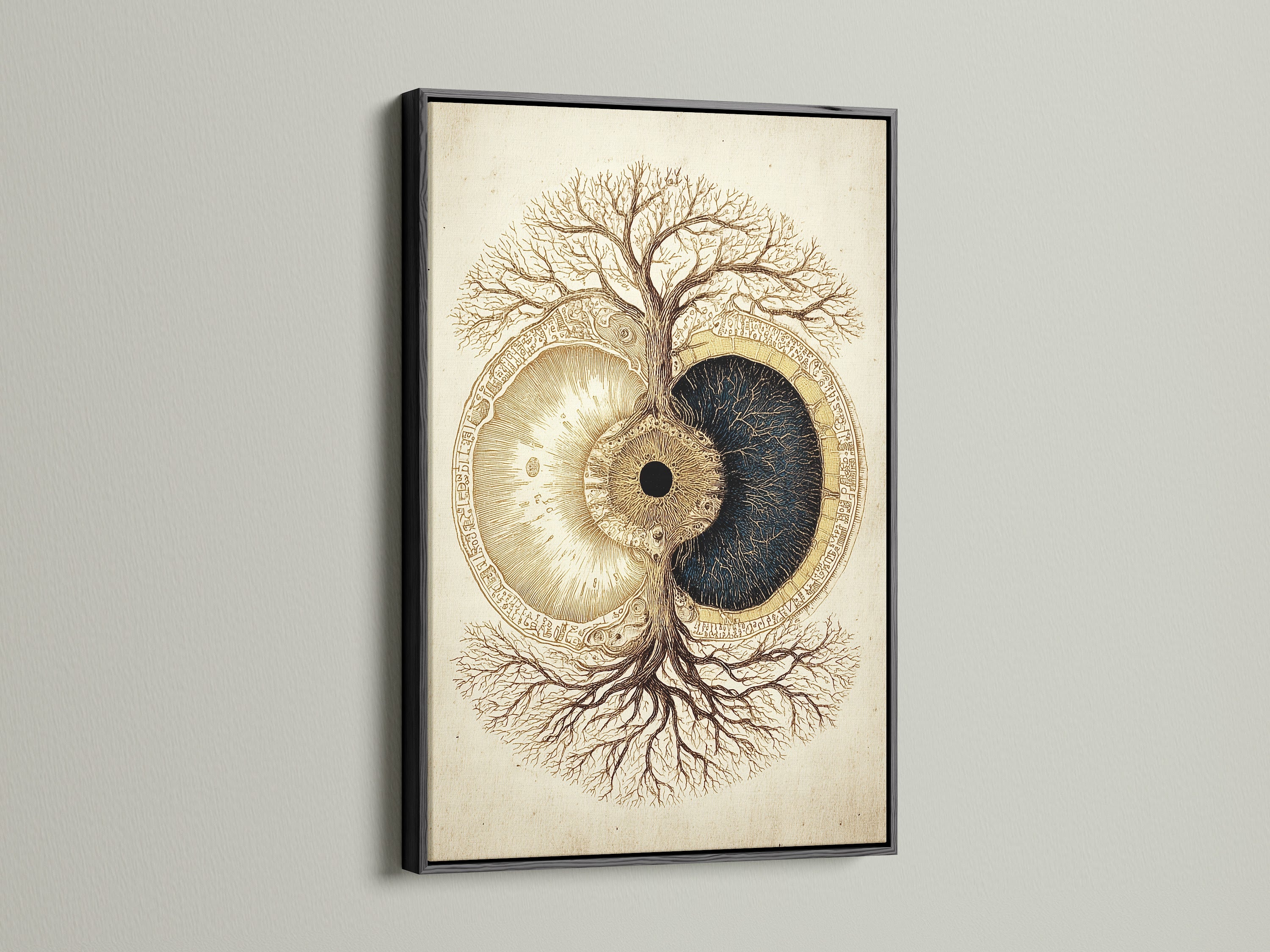 Black frame showcases the artwork. The black frame provides a classic and sophisticated look. The artwork features a tree and eye artwork. It adds depth to the art. Ideal for any room. This frame makes a statement. It brings a touch of elegance.