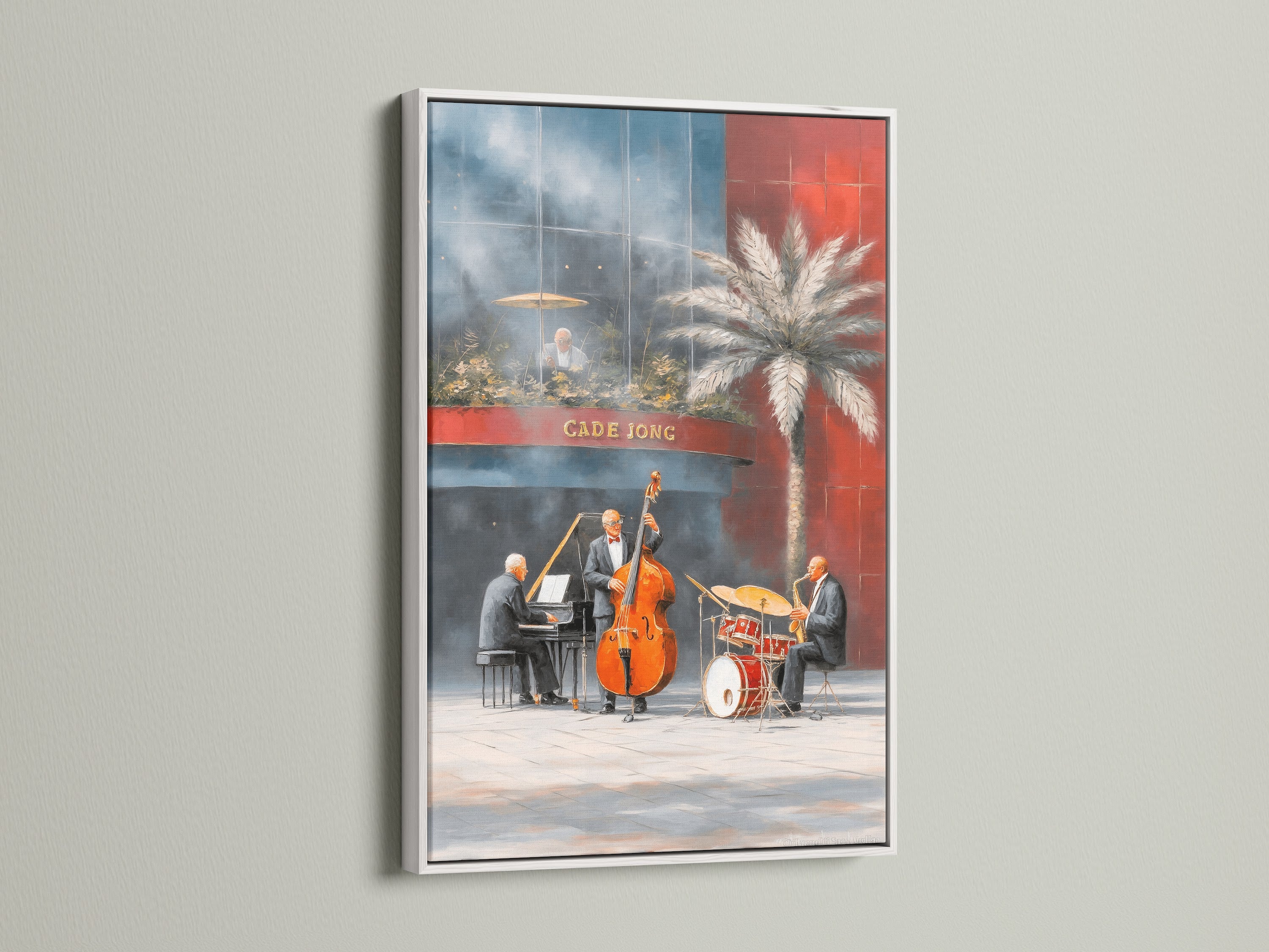 Elevate your decor with a white frame highlighting the jazz band artwork. This vintage wall art captures the essence of New Orleans music. Perfect for cafes and music rooms. It's a thoughtful gift for musicians and jazz lovers alike. Add a touch of bebop jazz style.
