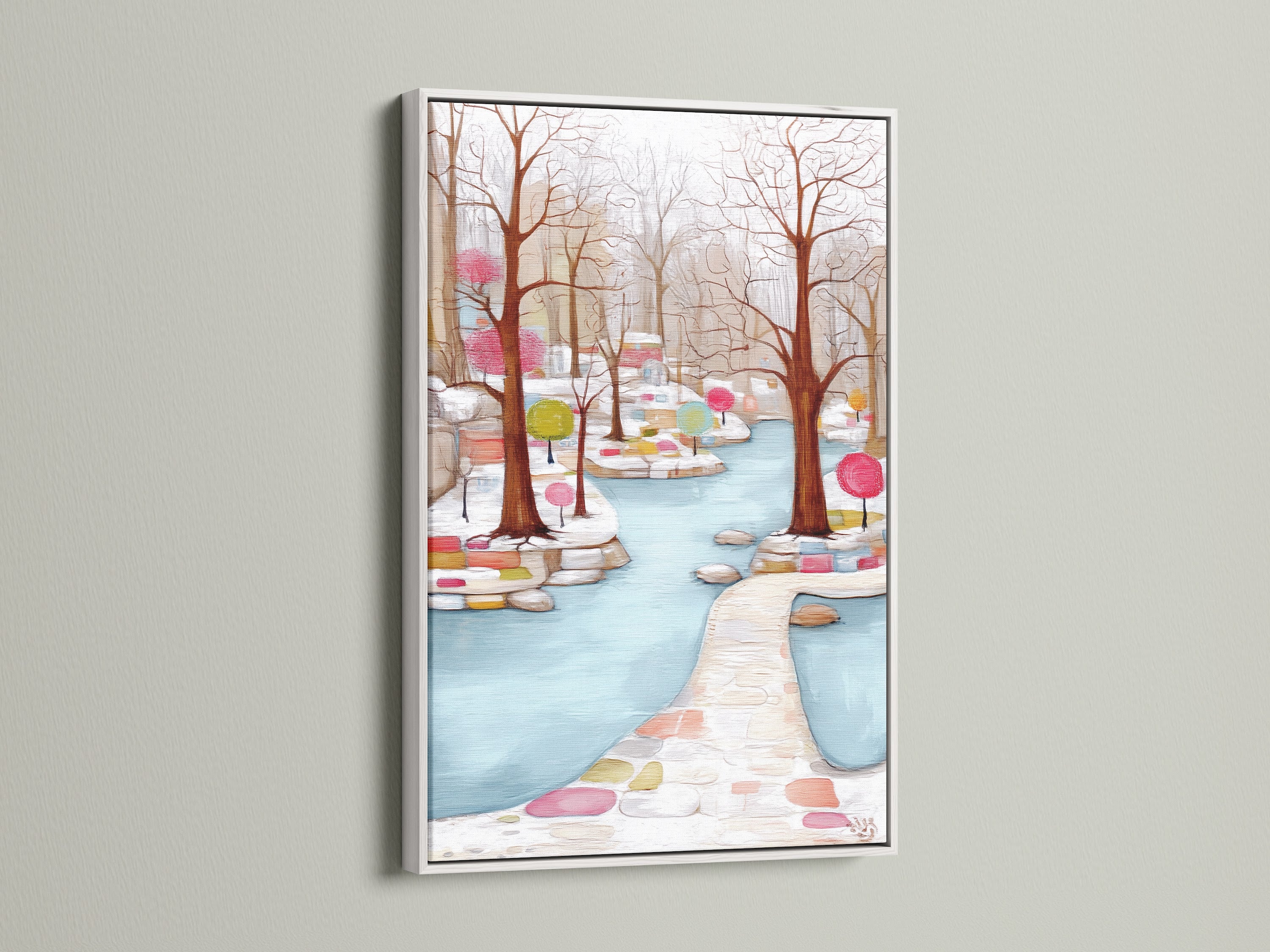 This Winter Garden art is framed in white. The pathway art print adds a modern touch. The pastel color artwork will complement your home. This colorful art print is available now. It is perfect for renters and homeowners alike.