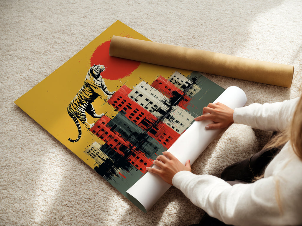 A woman is carefully rolling a fine art poster paper. She is preparing it for framing or display. The fine art poster paper ensures high-quality prints. Perfect for surreal wall art and urban wildlife art. Get your Tiger City art print on premium poster paper. Enhance your space with exceptional artwork.